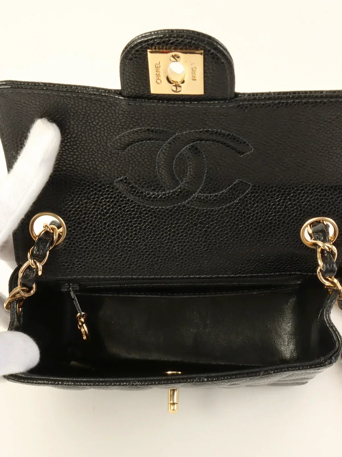 CHANEL Around 2003 Made Caviar Skin Classic Flap Chain Bag Mini Black