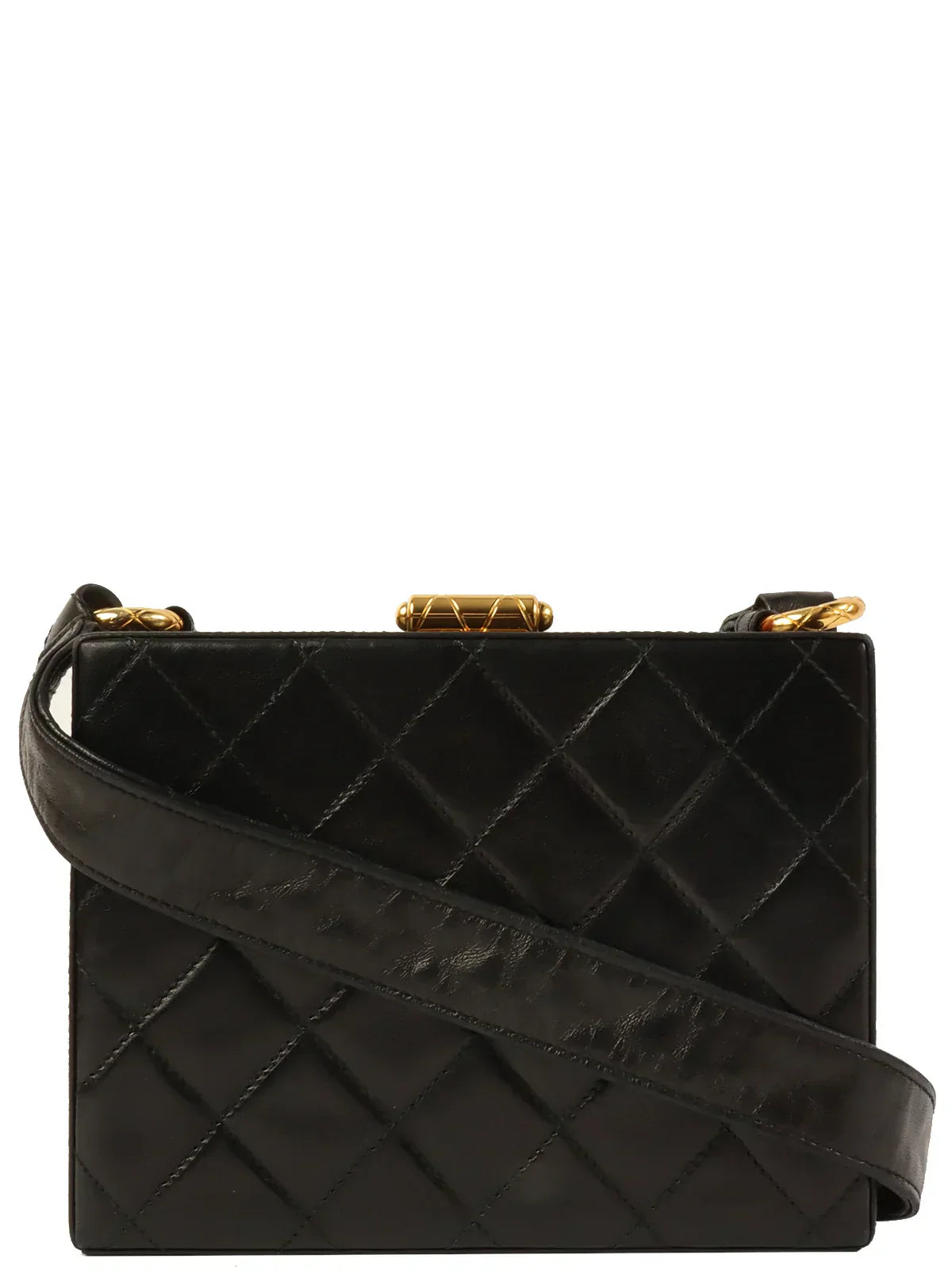 CHANEL Around 1990 Made Cc Mark Stitch Metal Clasp Box Shouder Bag Black