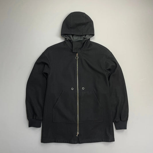 Prada Sport Black 00s Longline Nylon-Lined Wool Hooded Parka Coat