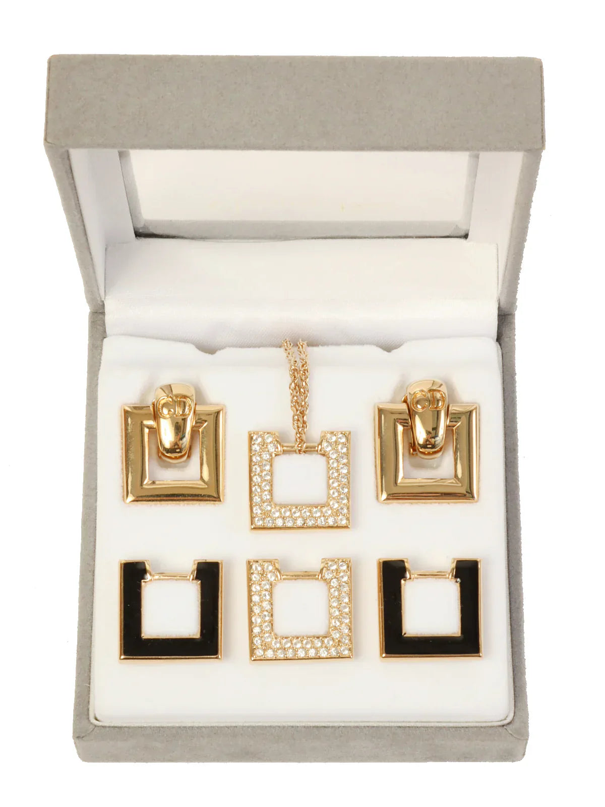 DIOR Square Logo Design Earring Sets Gold/Black/Rhinestone