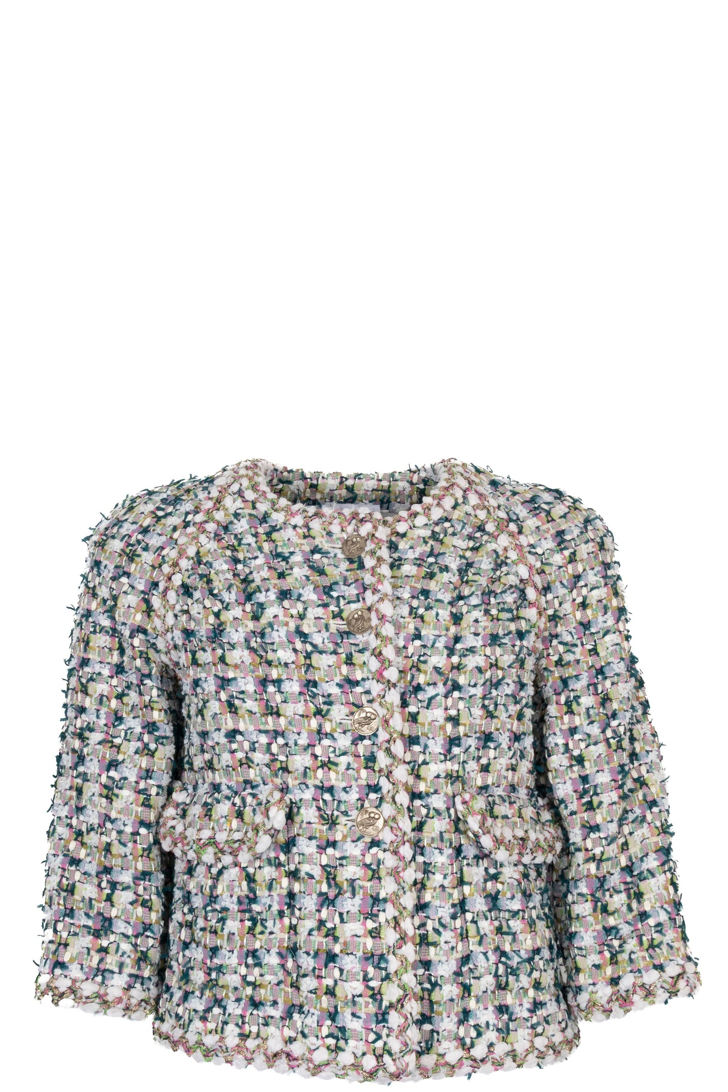 CHANEL Jacket Tweed Green Pink White