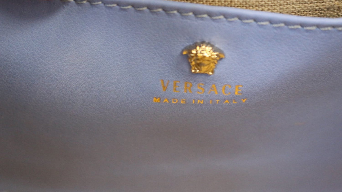 VERSACE Small Empire Palazzo Blue Leather Crossbody Bag
