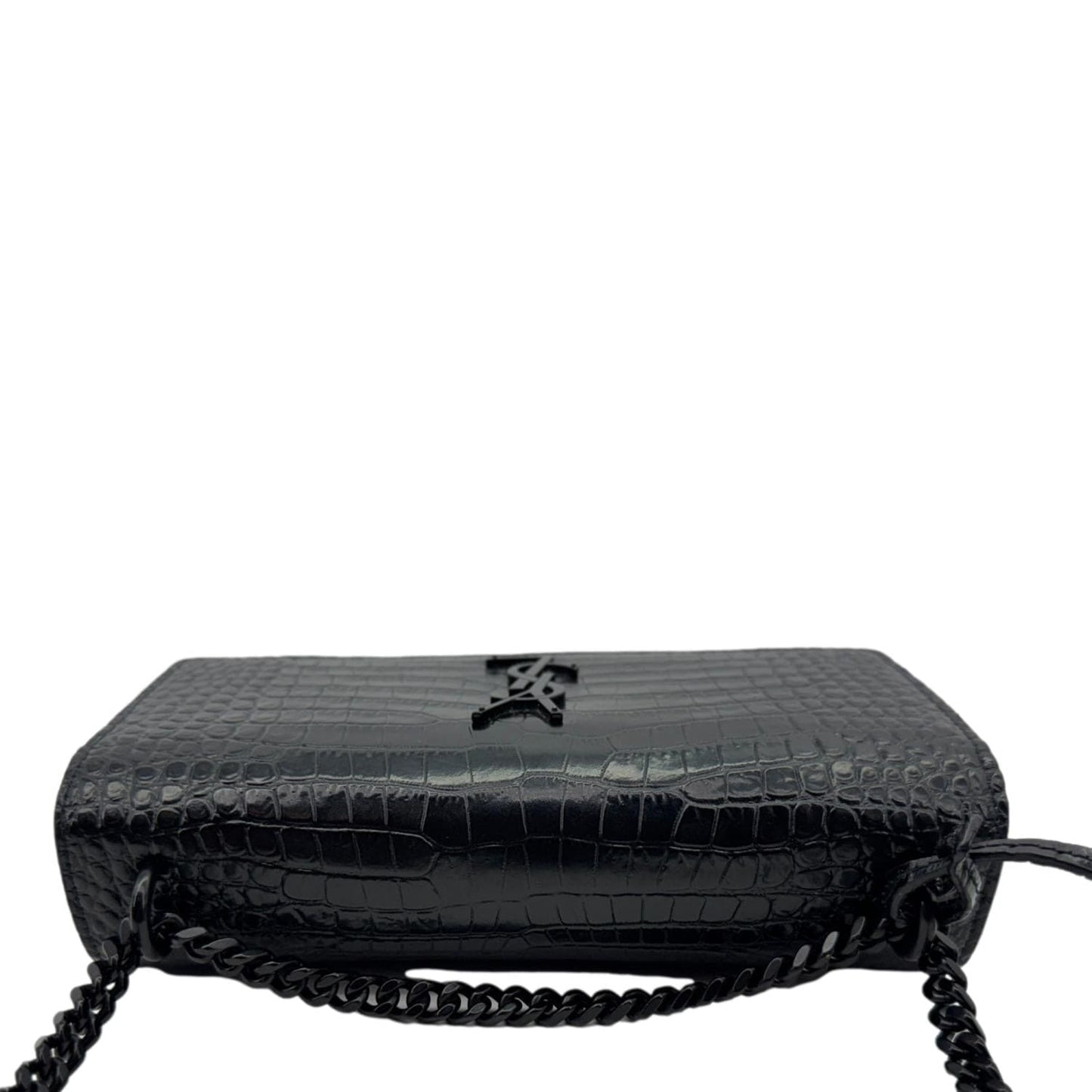 YVES SAINT LAURENT Monogram Sunset Medium Crocodile Embossed Leather Shoulder Bag Black