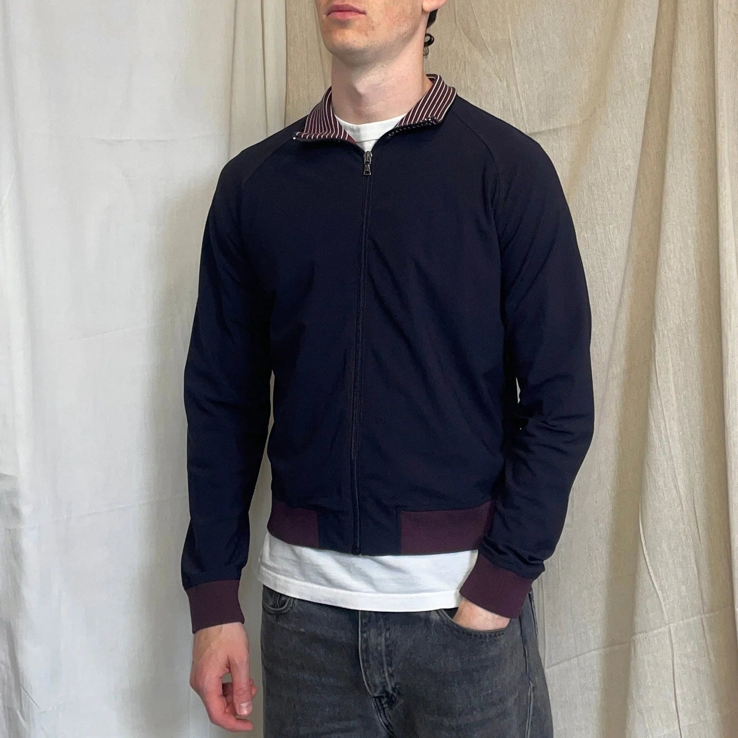 Prada Sport Navy 00s Nylon Burgundy Stripe-Detailed Track Jacket
