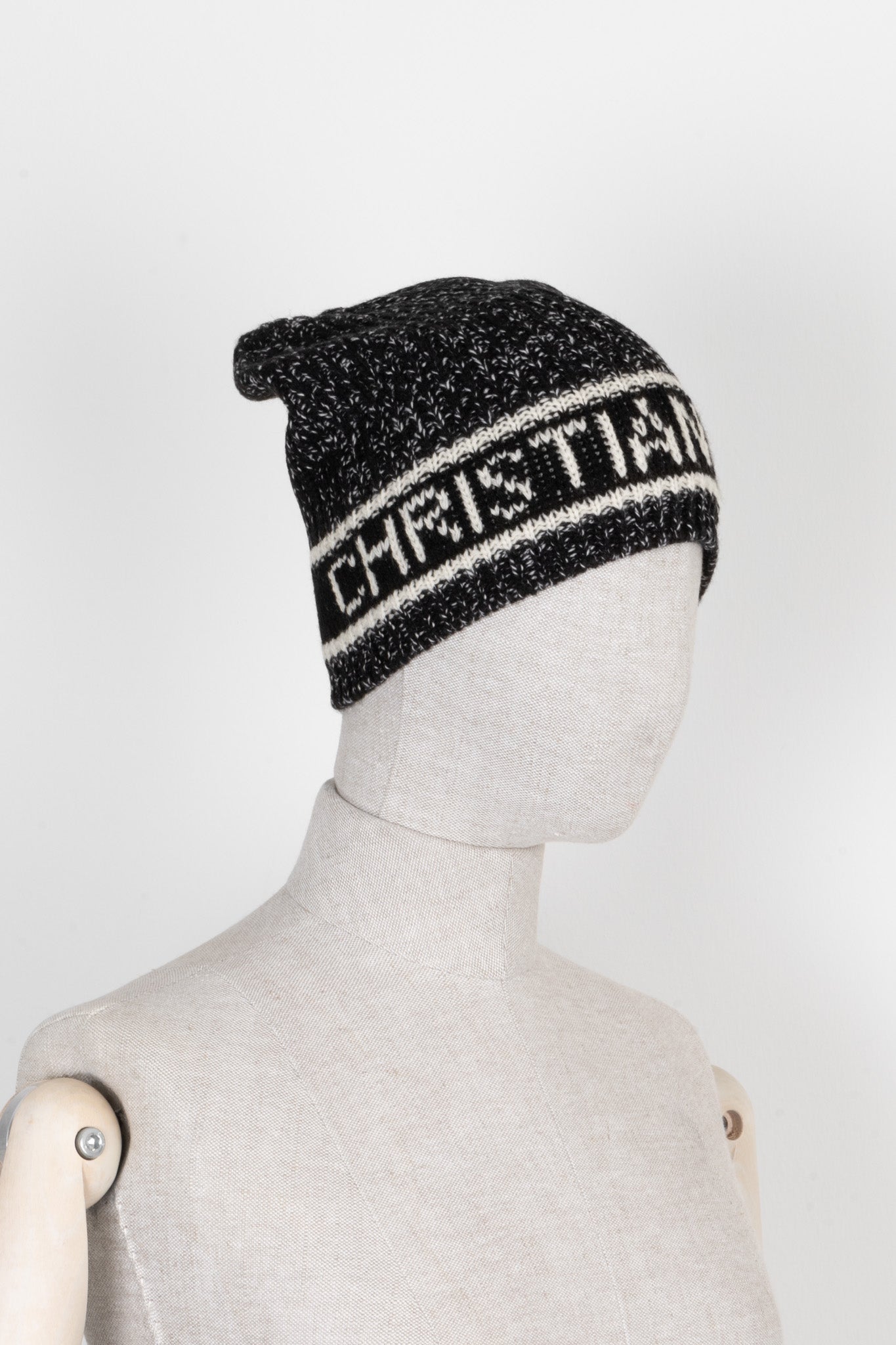 CHRISTIAN DIOR Knit Hat Wool Cashmere Black White