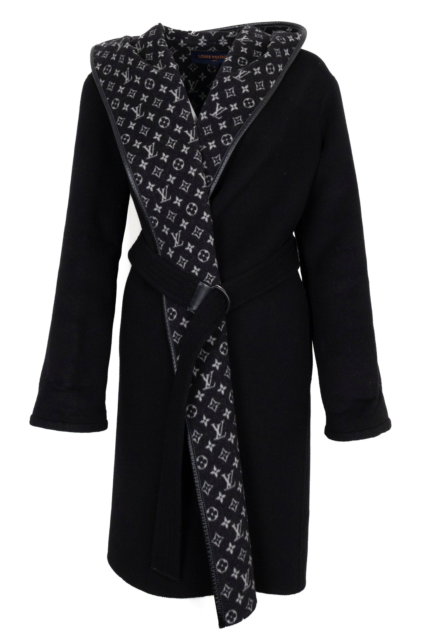 LOUIS VUITTON Hooded Wrap Coat Wool Black