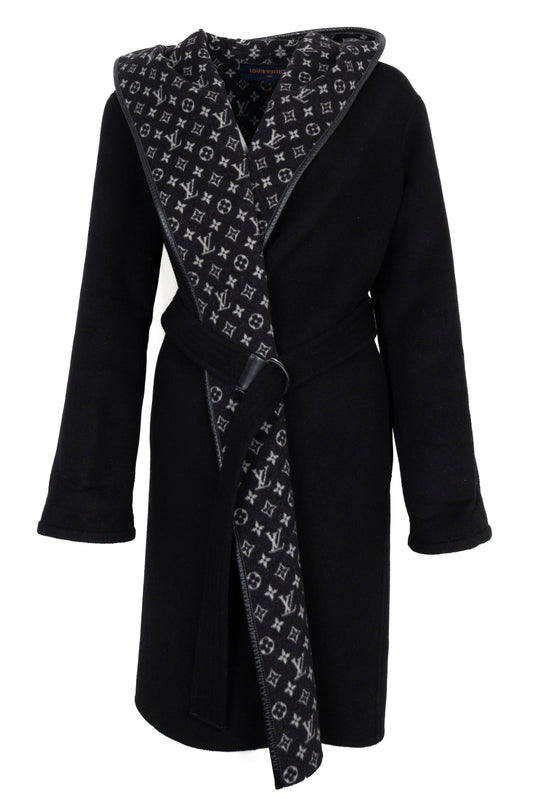 LOUIS VUITTON Hooded Wrap Coat Wool Black