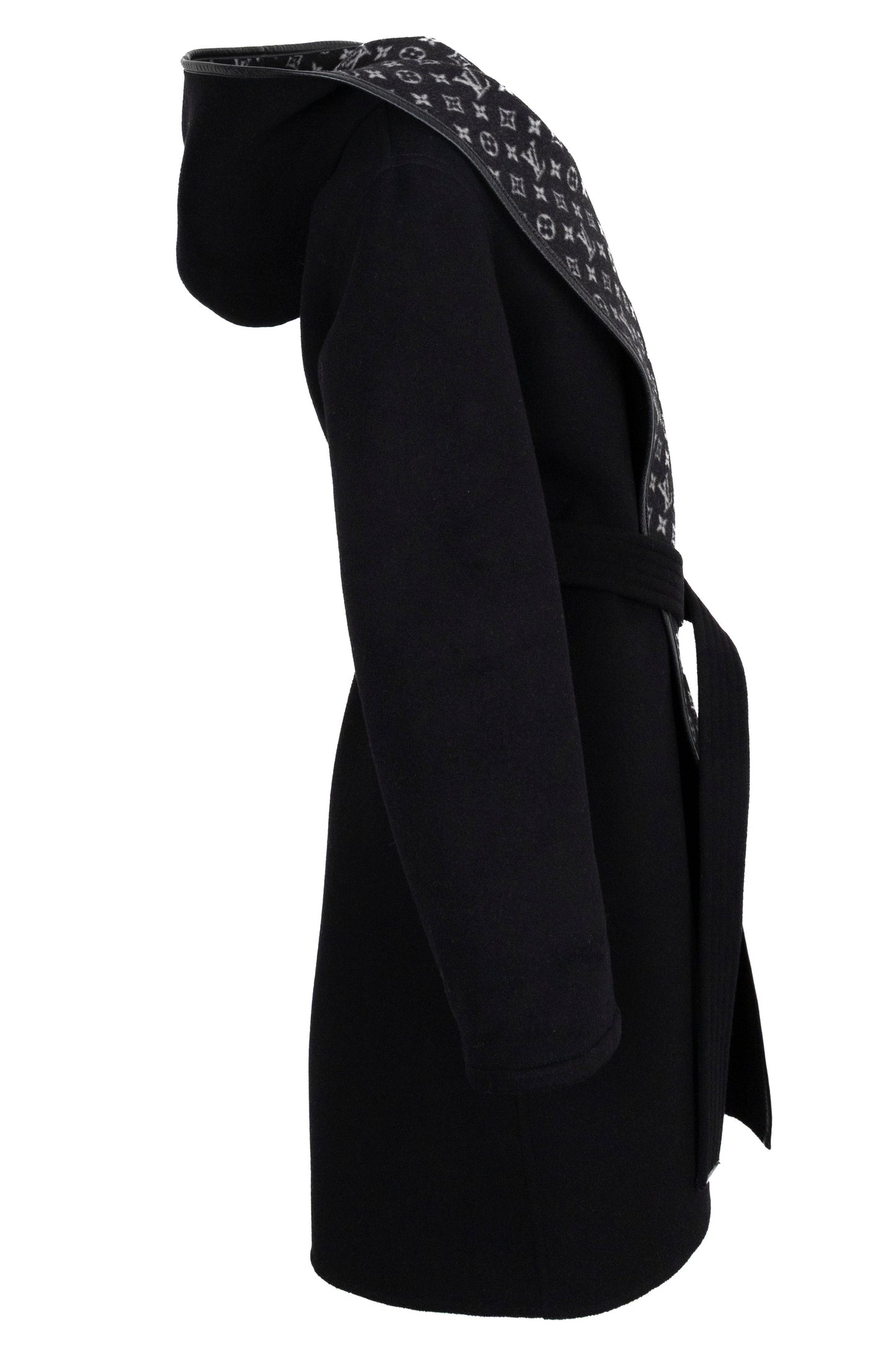 LOUIS VUITTON Hooded Wrap Coat Wool Black