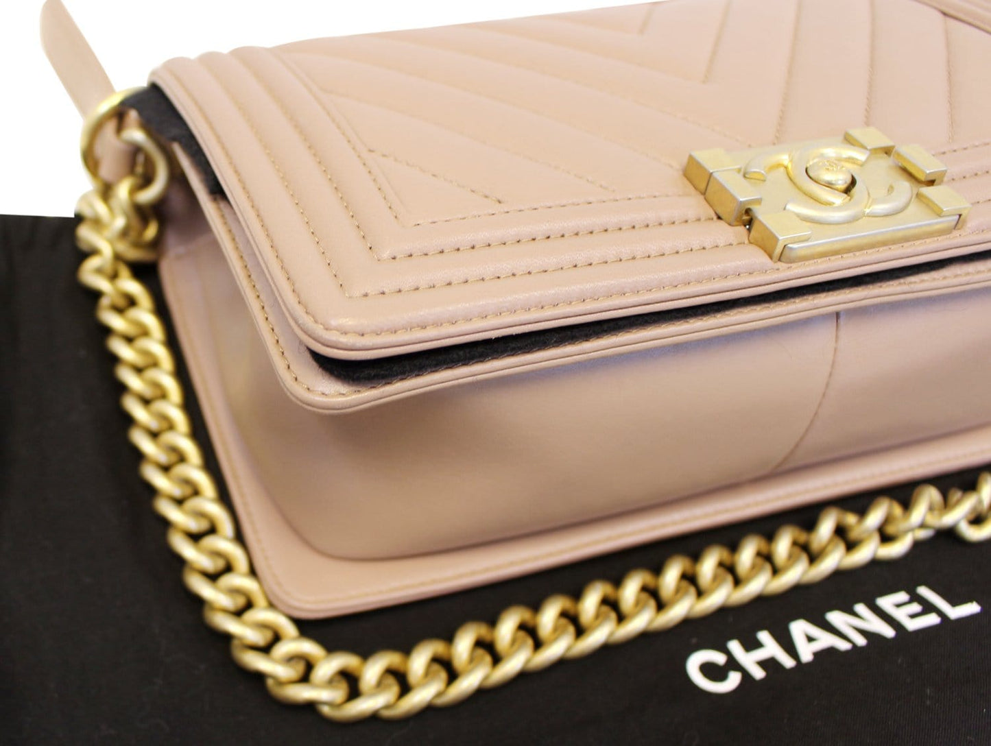 CHANEL  Chevron Quilted Dark Beige Medium Boy Flap Bag