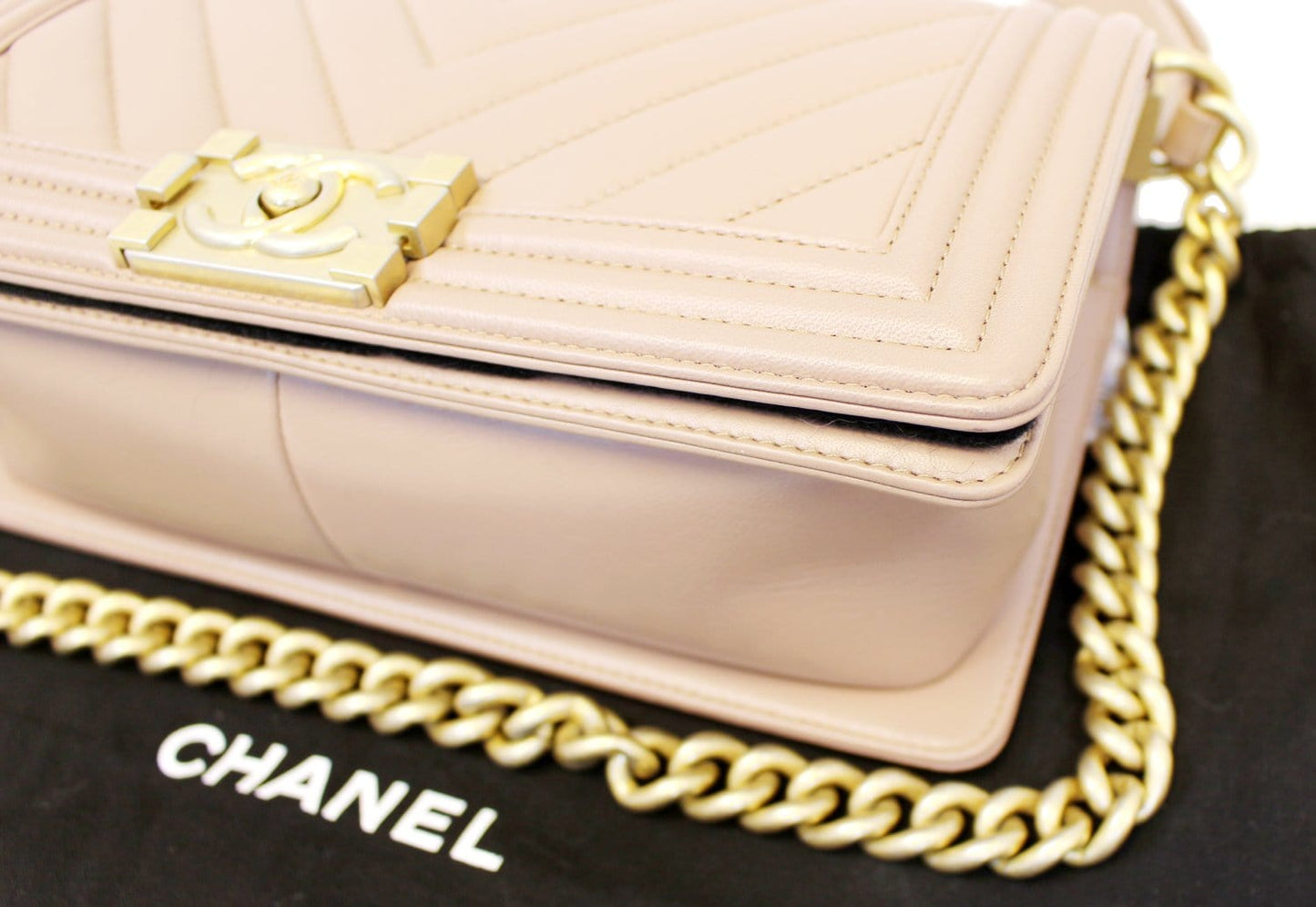 CHANEL  Chevron Quilted Dark Beige Medium Boy Flap Bag