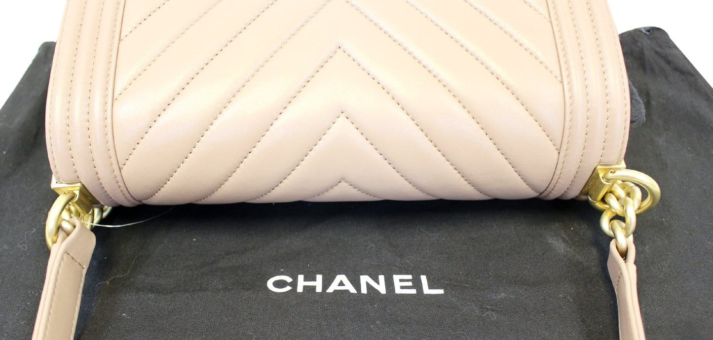CHANEL  Chevron Quilted Dark Beige Medium Boy Flap Bag