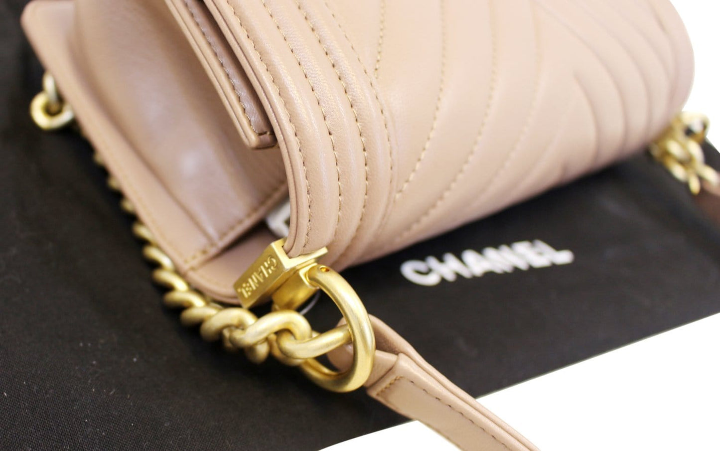 CHANEL  Chevron Quilted Dark Beige Medium Boy Flap Bag