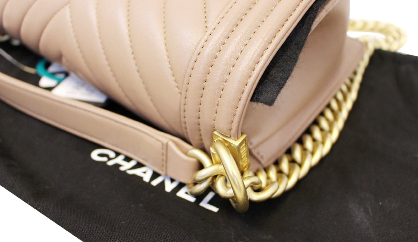 CHANEL  Chevron Quilted Dark Beige Medium Boy Flap Bag