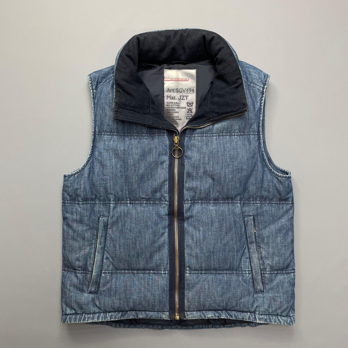 Prada Sport Blue Denim Down-Padded Gilet w/ Concealed Hood - OUT FOR RENTAL