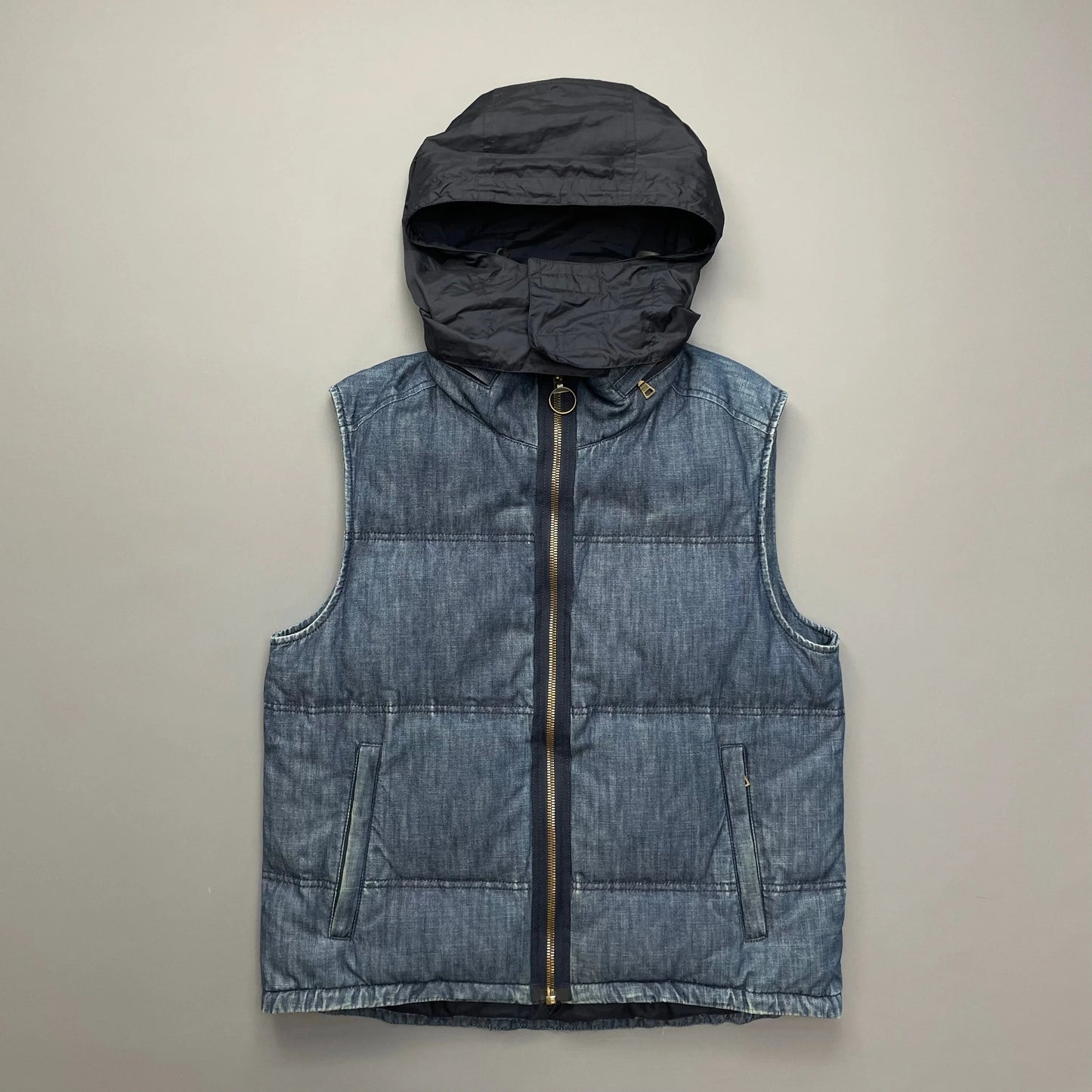 Prada Sport Blue Denim Down-Padded Gilet w/ Concealed Hood - OUT FOR RENTAL