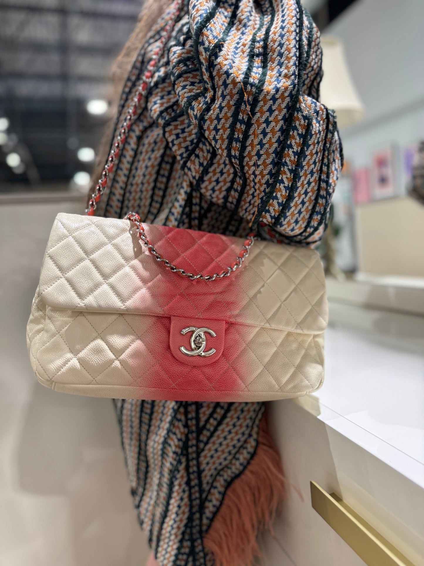 Chanel Caviar Ombre white rose quilted chain Classic Flap Bag