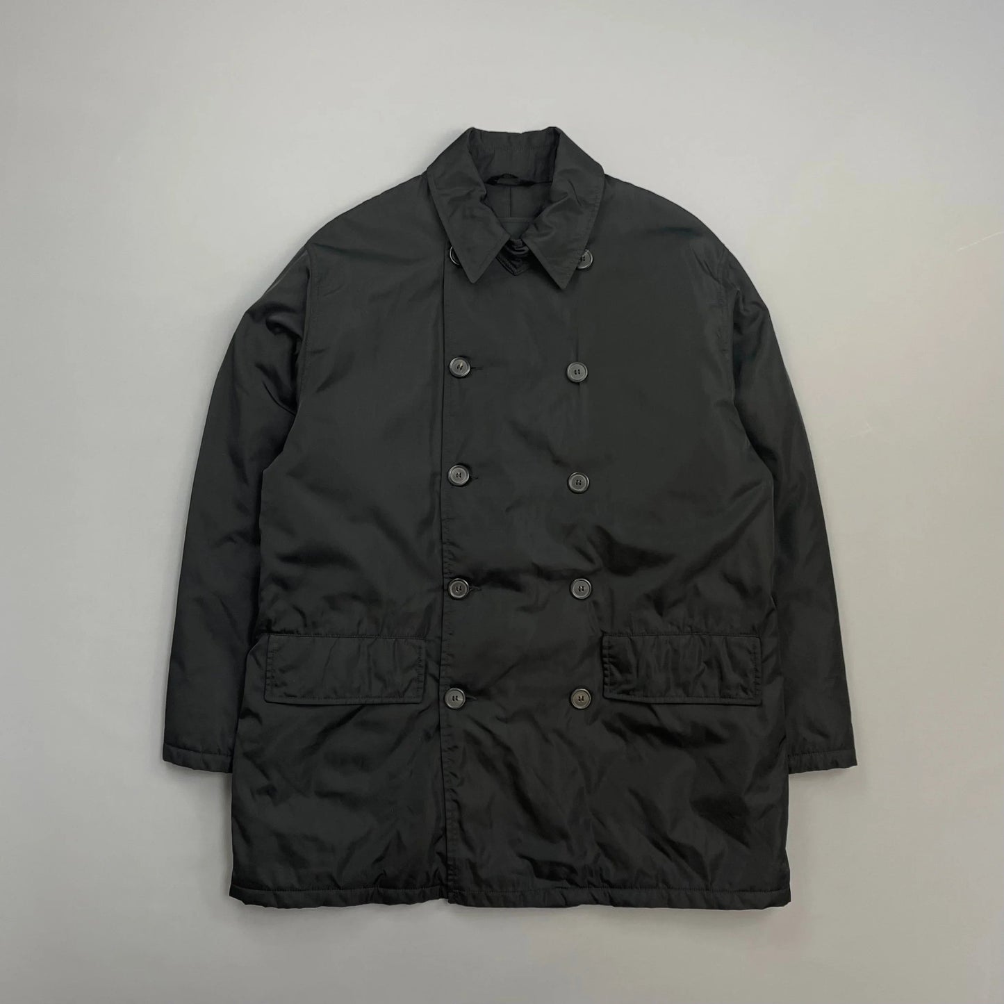 Prada Milano Black 90s Nylon Padded Button-Up Peacoat