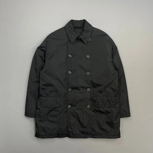 Prada Milano Black 90s Nylon Padded Button-Up Peacoat