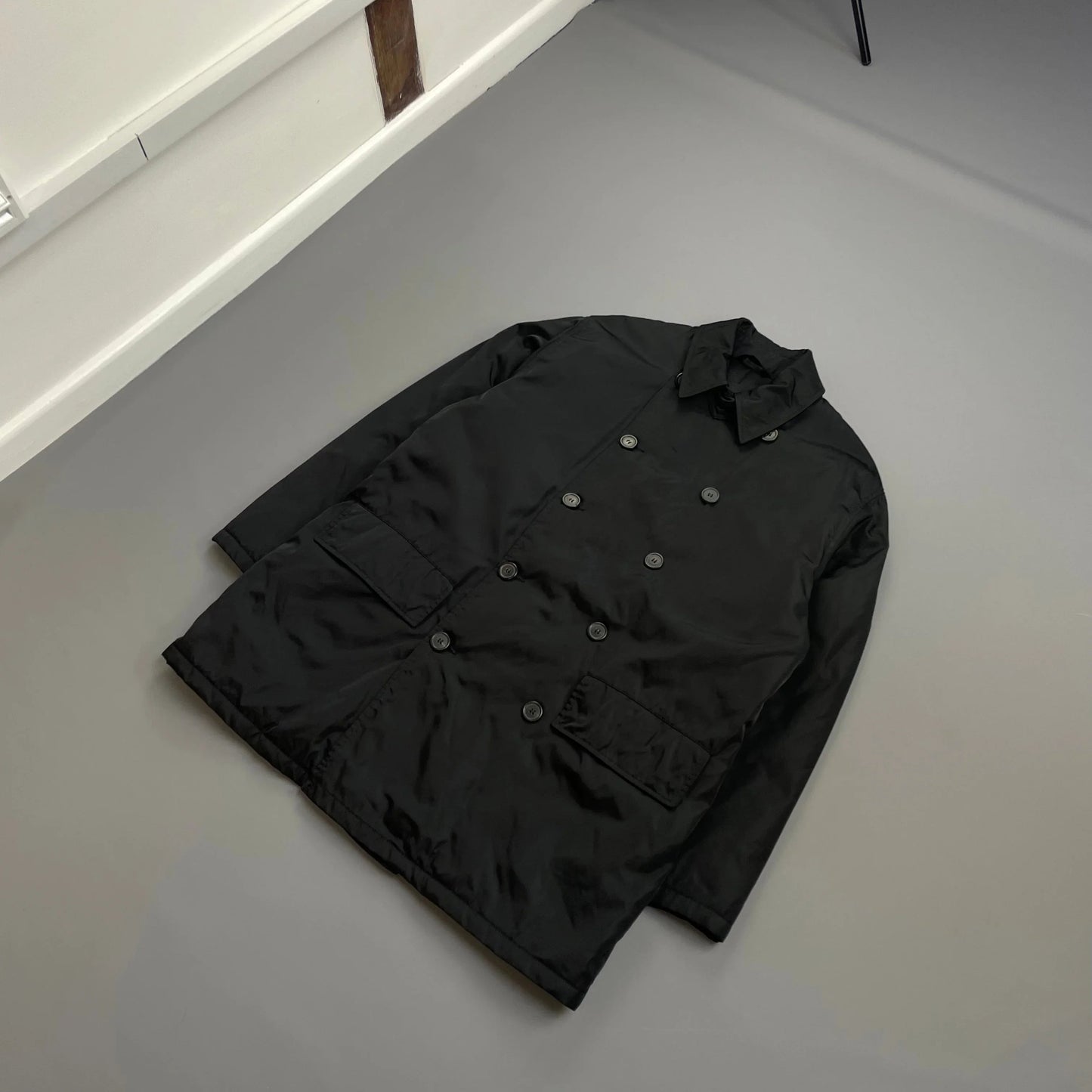 Prada Milano Black 90s Nylon Padded Button-Up Peacoat