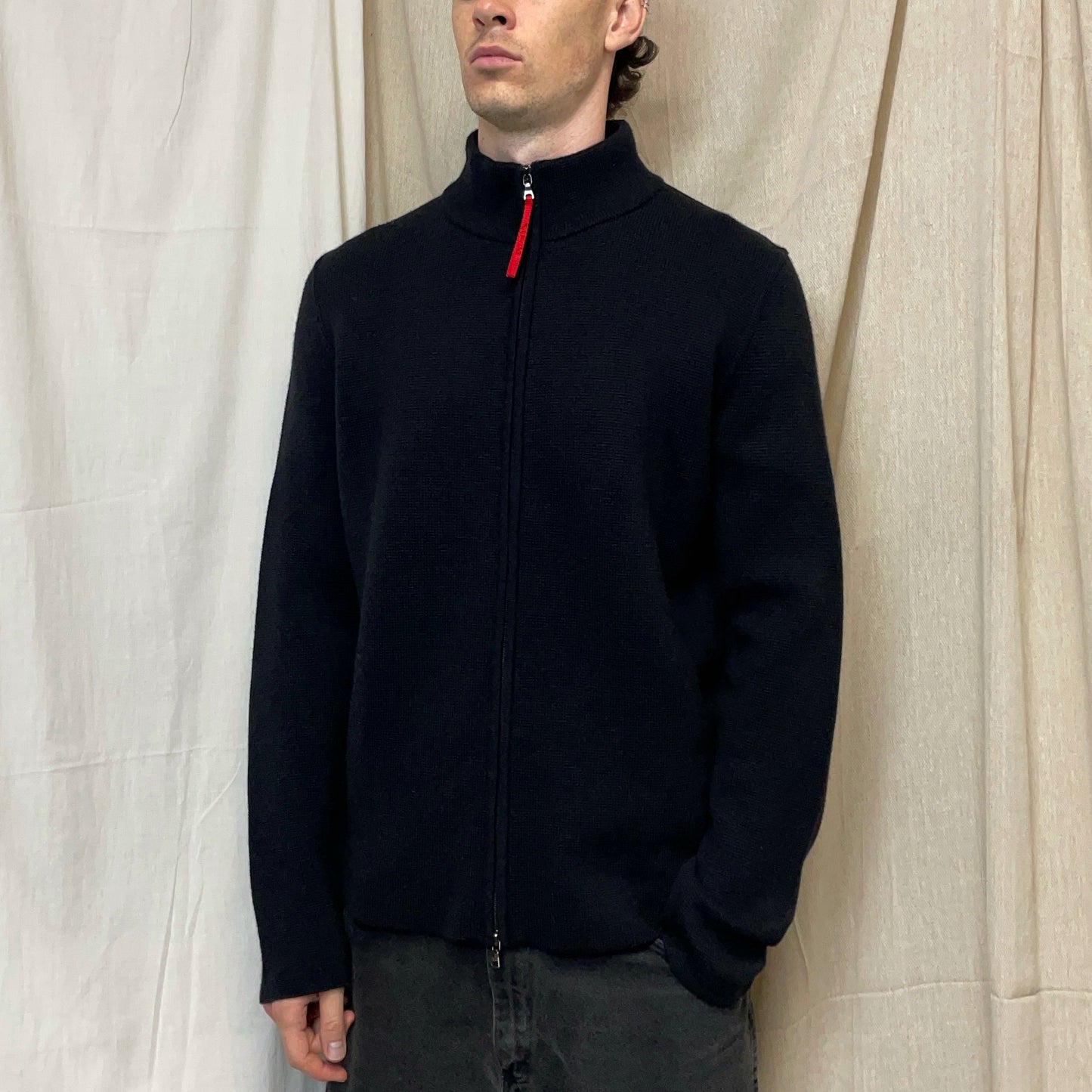 Prada Sport Black 00s Heavy Wool Knit Cardigan Jacket