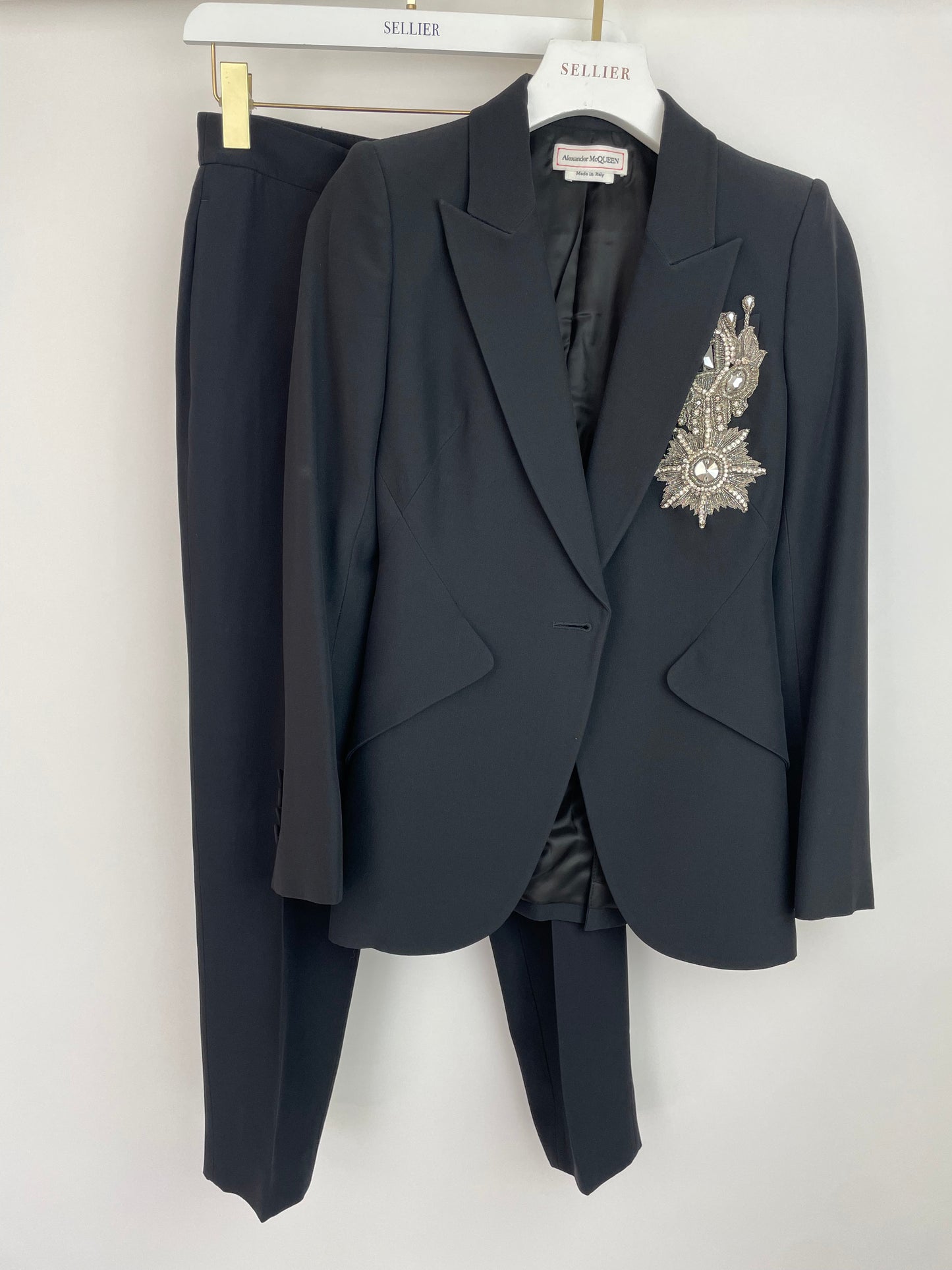 Alexander McQueen Black Tailored Blazer Jacket and Matching Tro rs Set with Metallic Embroidery Detail Size IT 36 (UK 4)