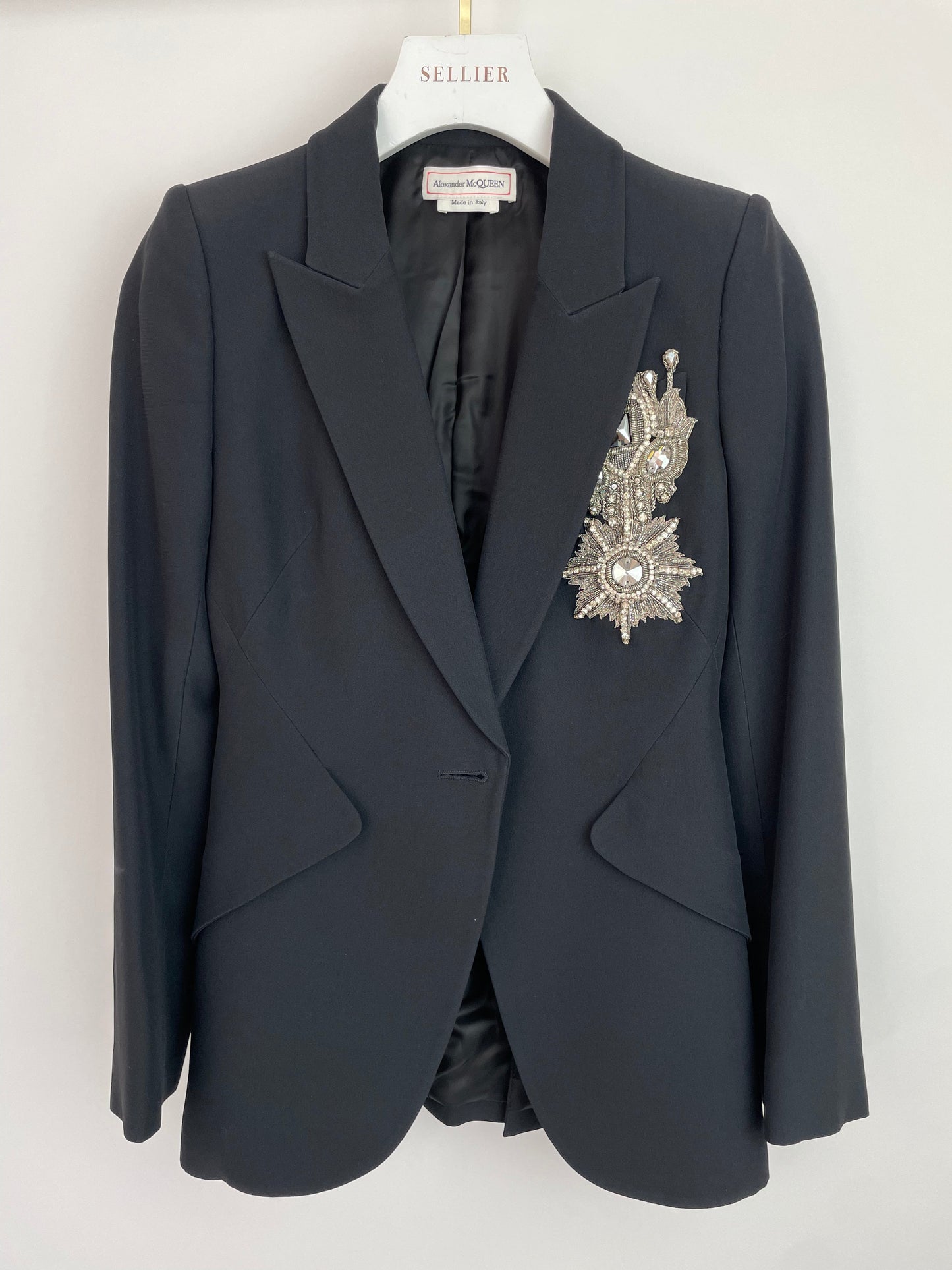 Alexander McQueen Black Tailored Blazer Jacket and Matching Tro rs Set with Metallic Embroidery Detail Size IT 36 (UK 4)