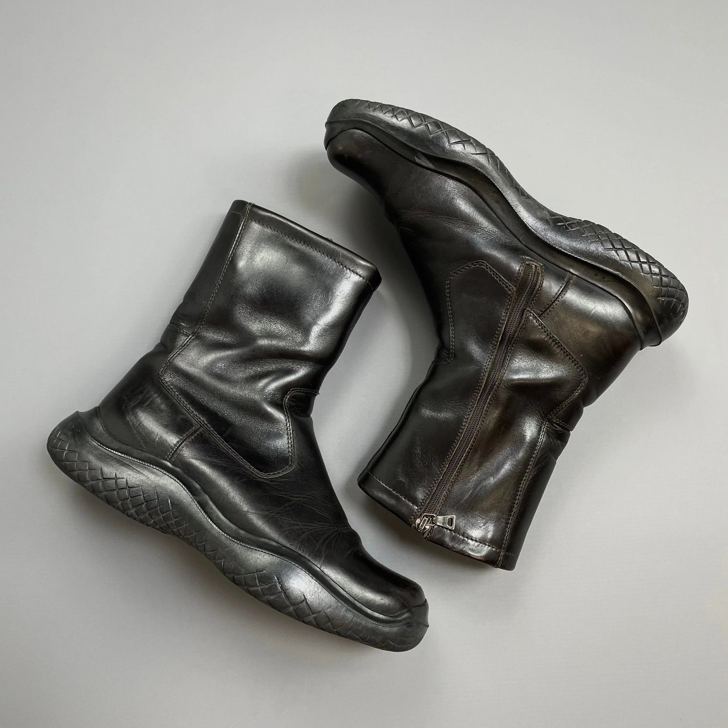 Prada Sport Black FW99 Leather Vibram Sole Zip-Up Biker Boots