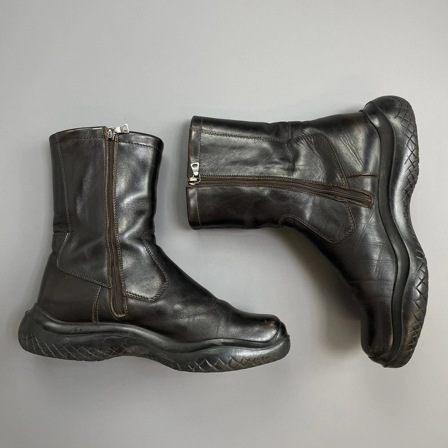 Prada Sport Black FW99 Leather Vibram Sole Zip-Up Biker Boots