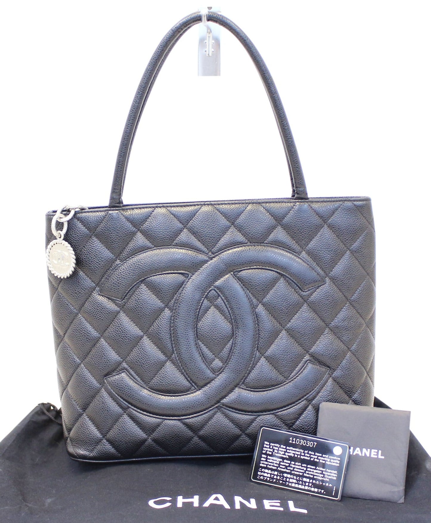 CHANEL Black Quilted Caviar Leather Leather Medallion Tote Bag