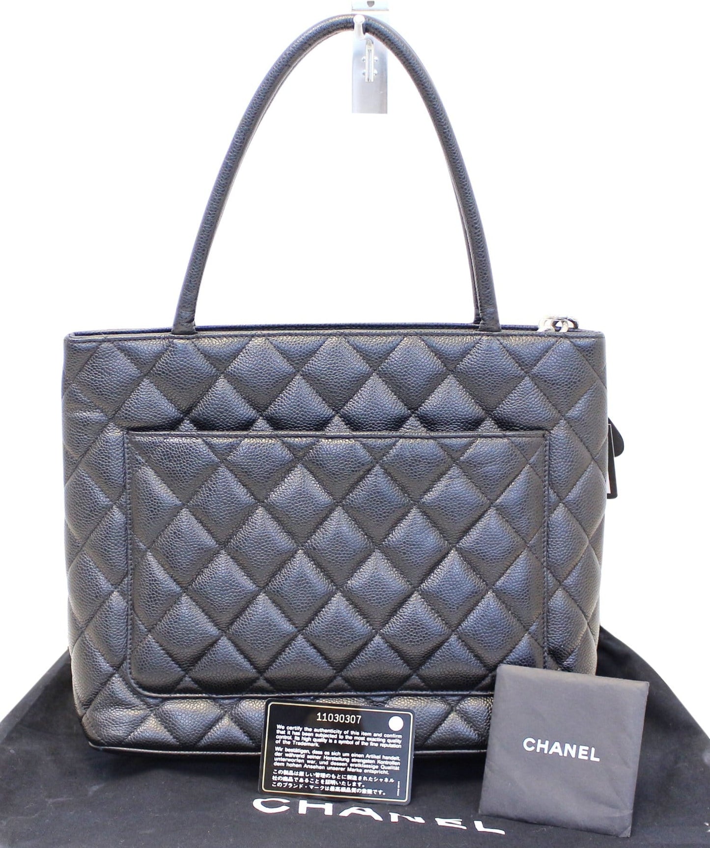 CHANEL Black Quilted Caviar Leather Leather Medallion Tote Bag