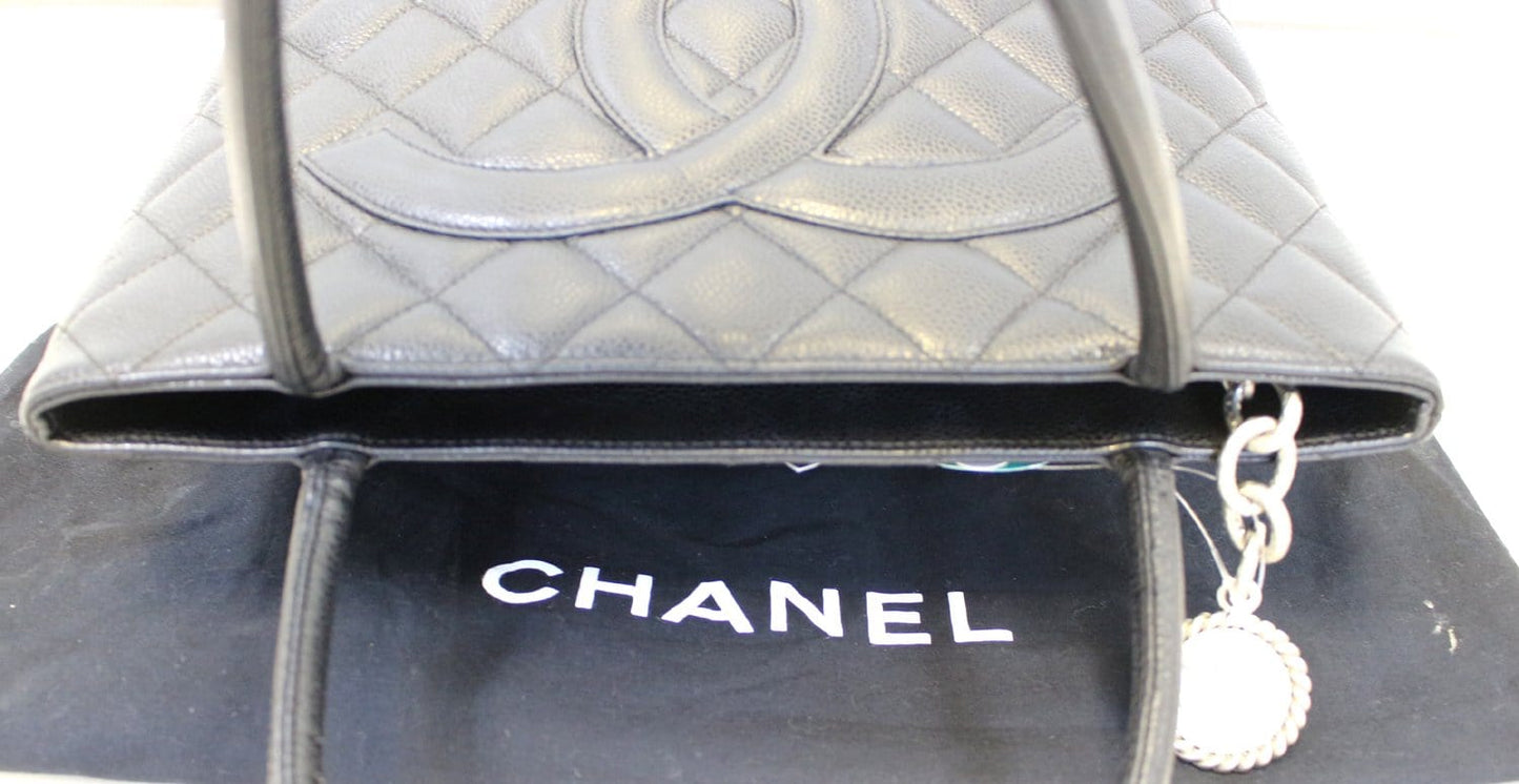 CHANEL Black Quilted Caviar Leather Leather Medallion Tote Bag