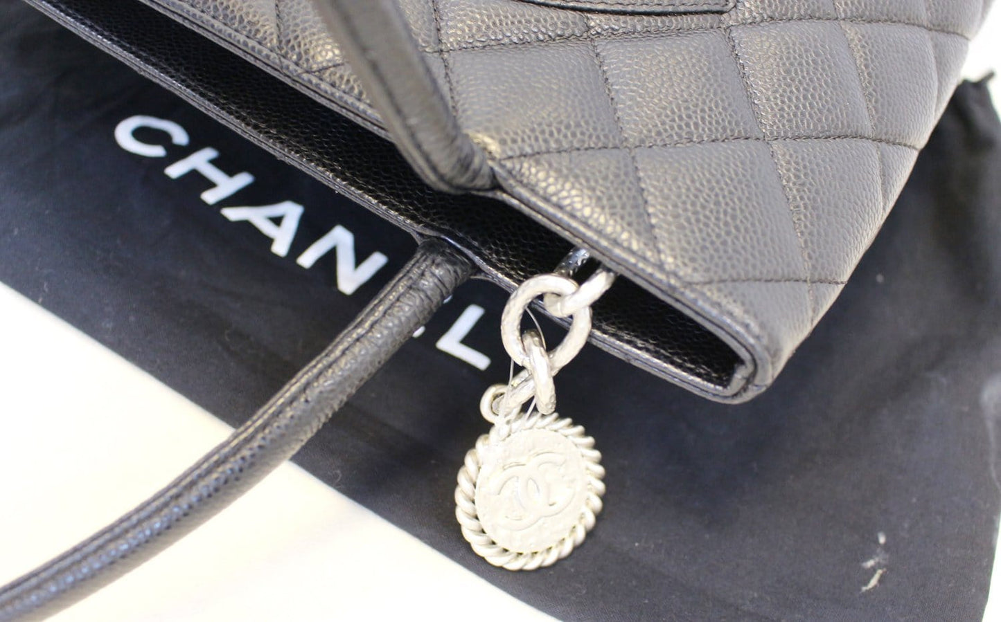 CHANEL Black Quilted Caviar Leather Leather Medallion Tote Bag