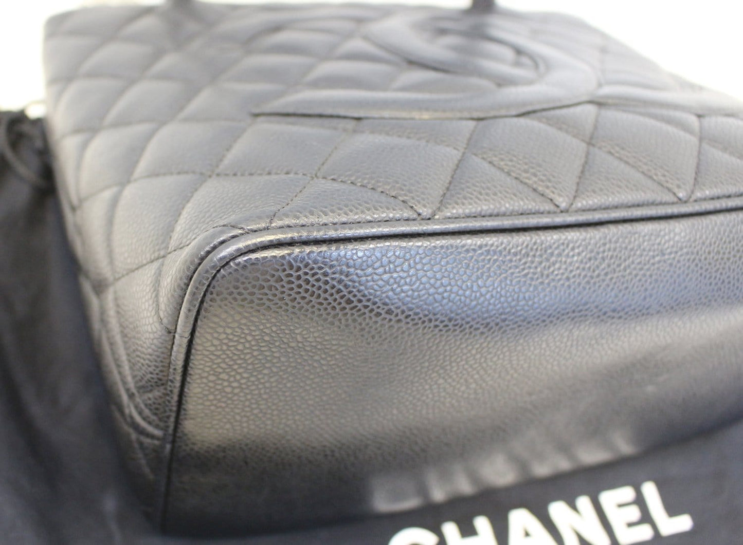 CHANEL Black Quilted Caviar Leather Leather Medallion Tote Bag