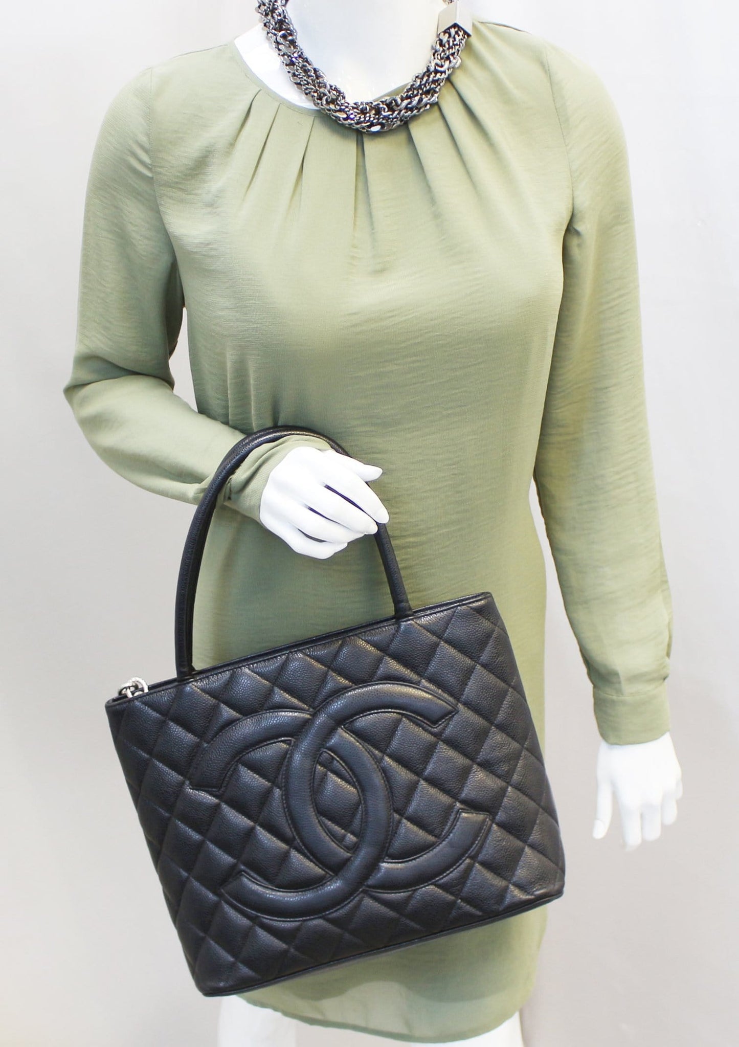 CHANEL Black Quilted Caviar Leather Leather Medallion Tote Bag