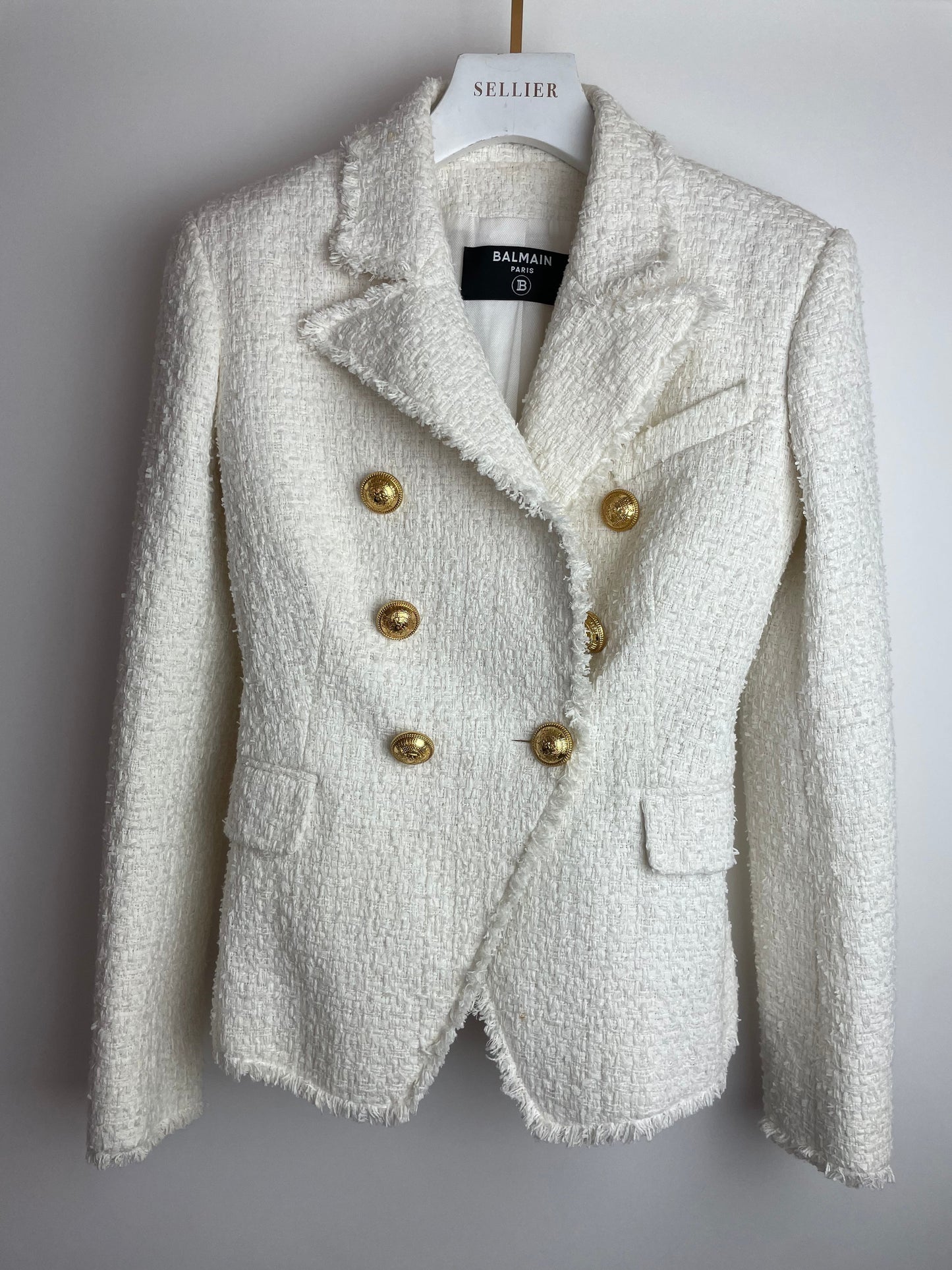 Balmain White Tweed Double Breasted Blazer with Gold Buttons Size FR 36 (UK 8)