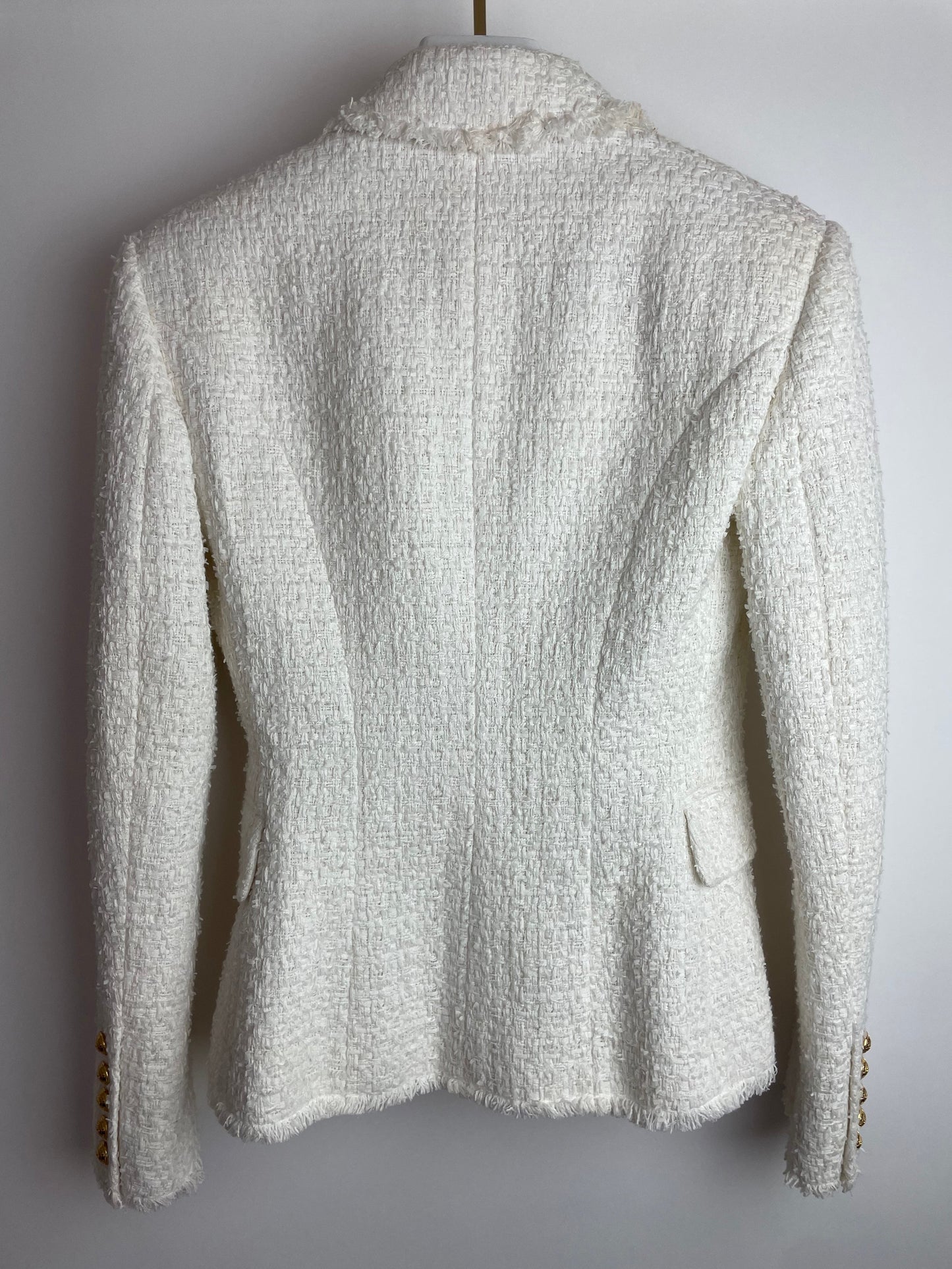 Balmain White Tweed Double Breasted Blazer with Gold Buttons Size FR 36 (UK 8)