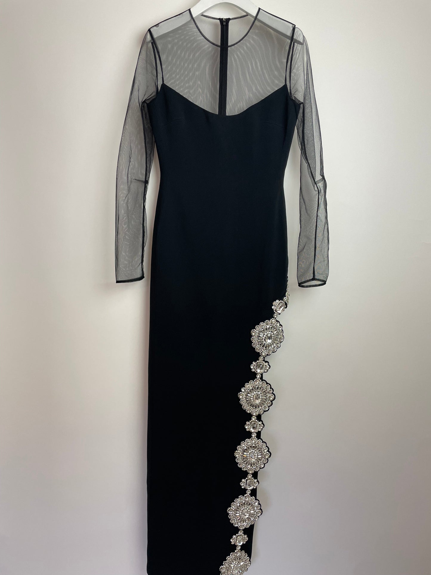 *HOT* David Koma Black Long Dress with Tulle & Multiple Floral Crystal Embellishments Detail Size FR 36 (UK 8)
