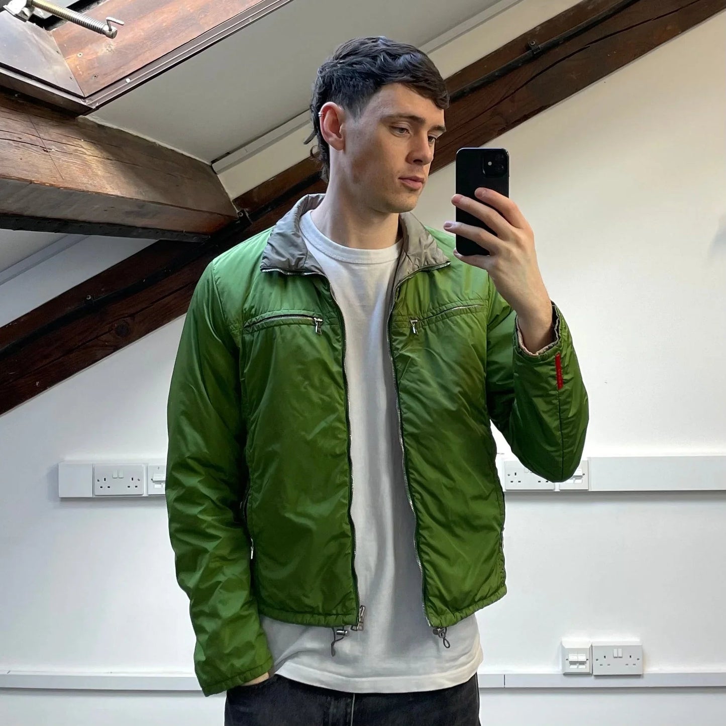 Prada Sport Grey & Green Reversible Padded Nylon Harrington Jacket