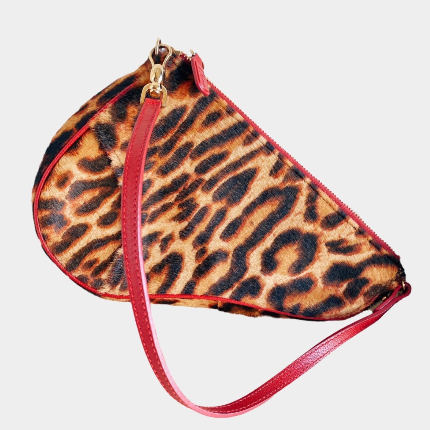 Dior Saddle   Classic Leopard Print Ponyhair Calfskin leather red strap zip opening