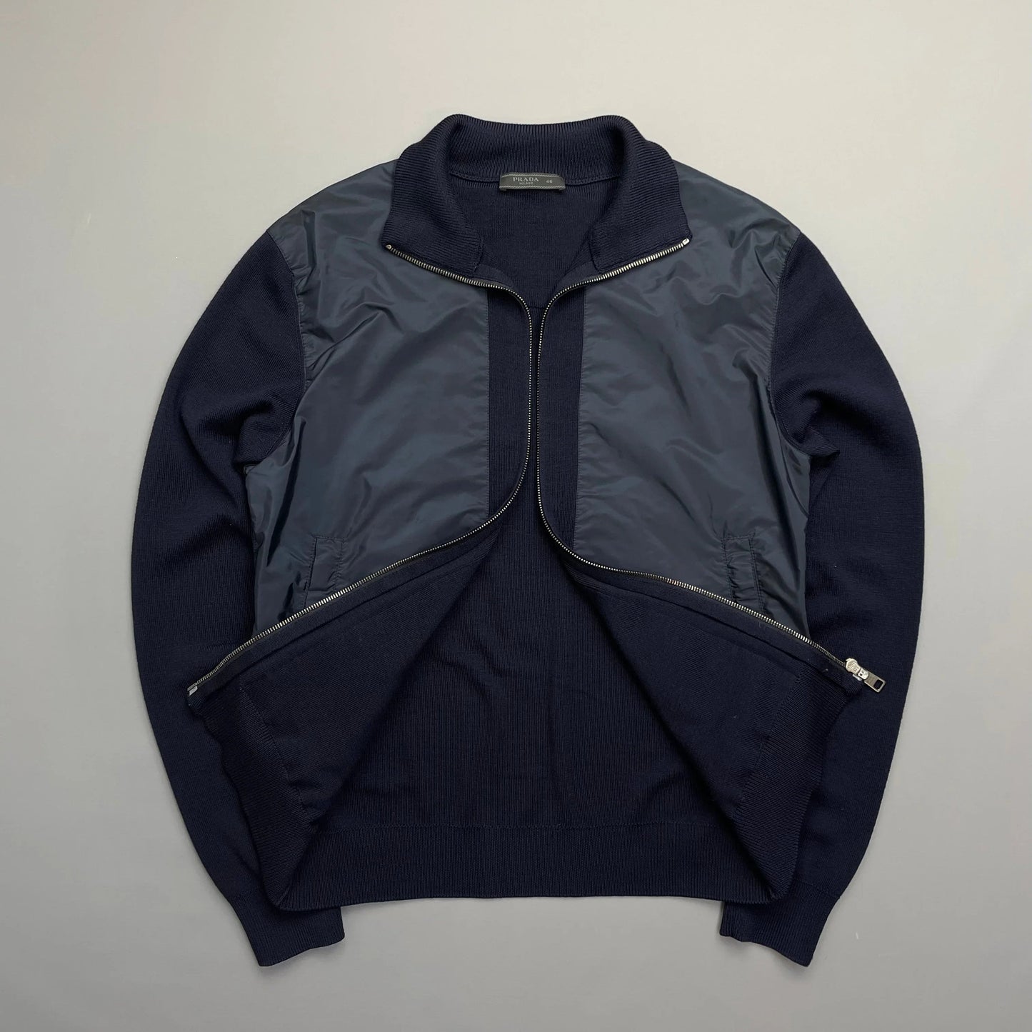 Prada Sport Navy Nylon Wool Knit Zip-Through Cardigan Jumper