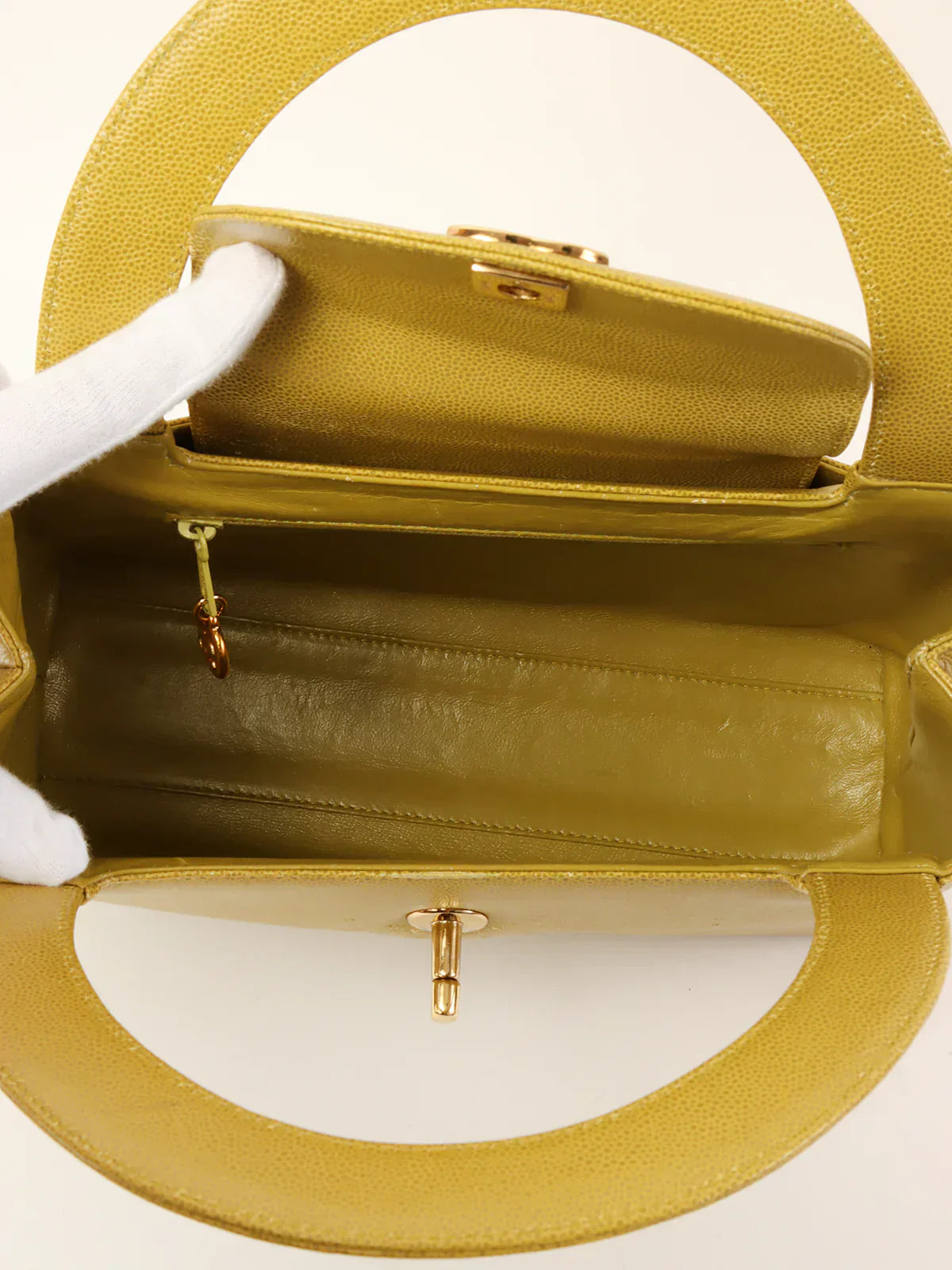 CHANEL Around 1998 Made Caviar Skin Turn-Lcok Top Handle Bag Lime Yellow