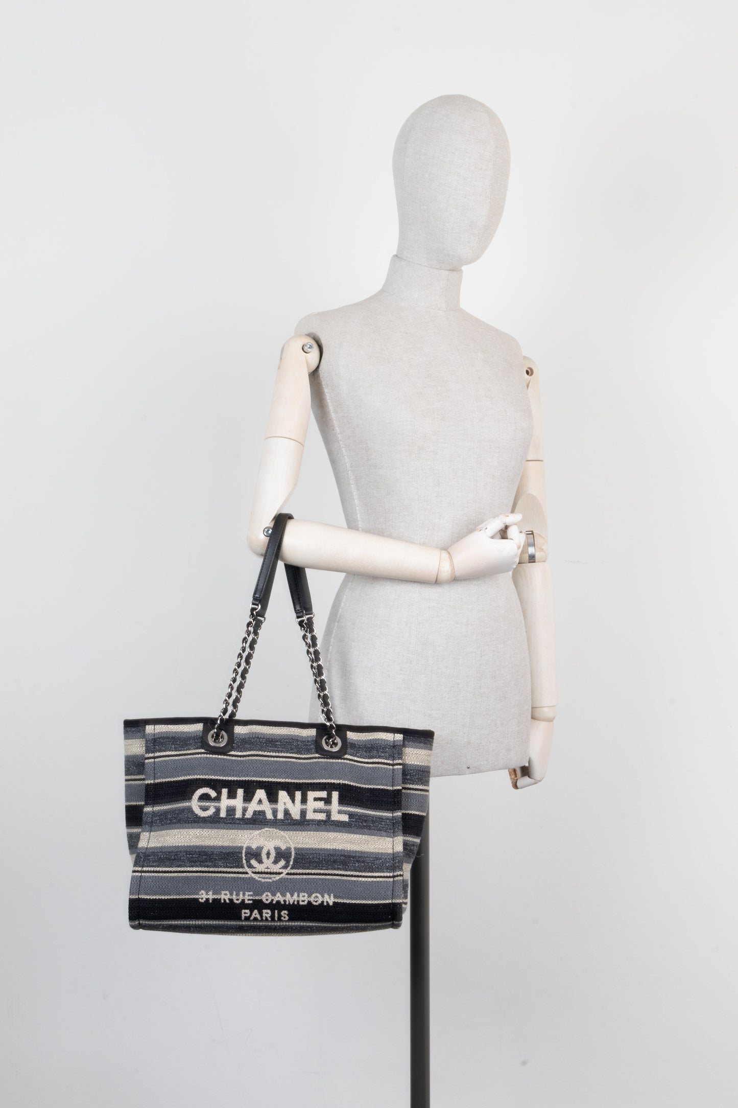CHANEL Small Deauville Tote Bag Striped Blue