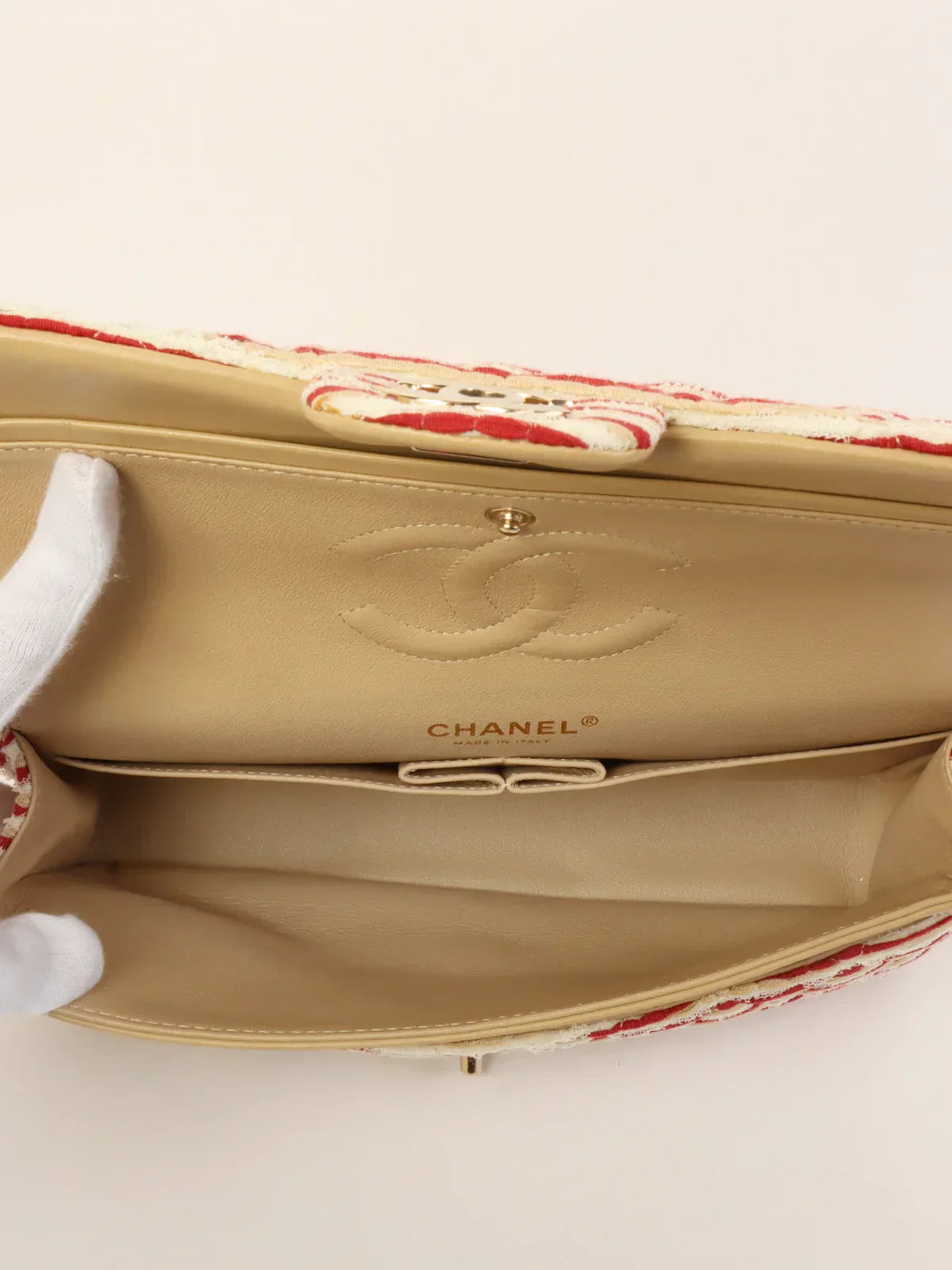 CHANEL Around 2014 Made Cotton Striped Classic Flap Chain Bag Beige/Red/White