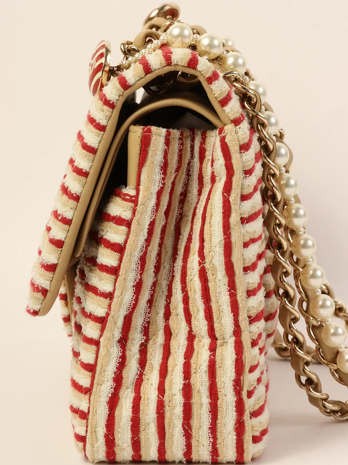 CHANEL Around 2014 Made Cotton Striped Classic Flap Chain Bag Beige/Red/White