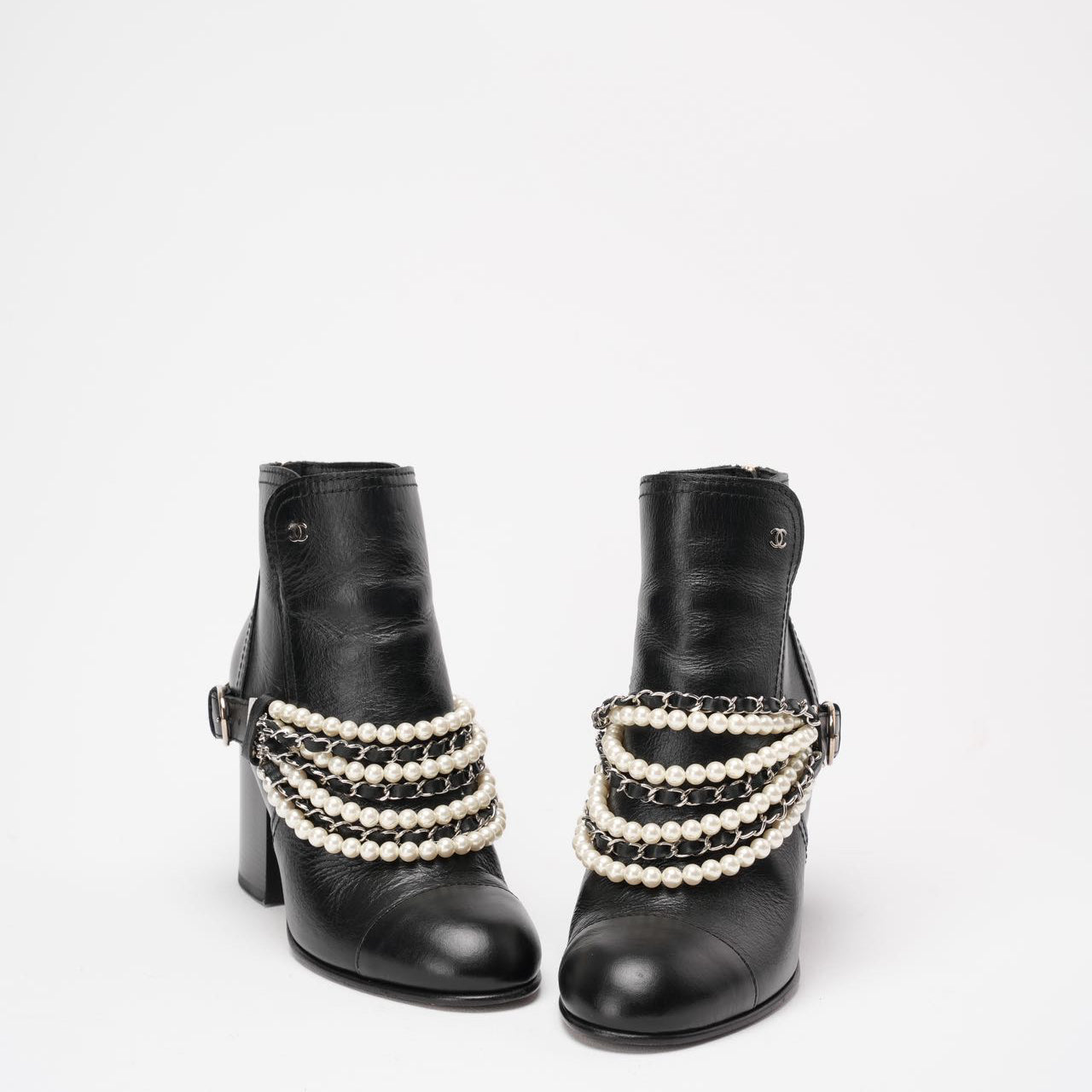 Chanel Black Pearl Chain CC Short Ankle Boots 39.5