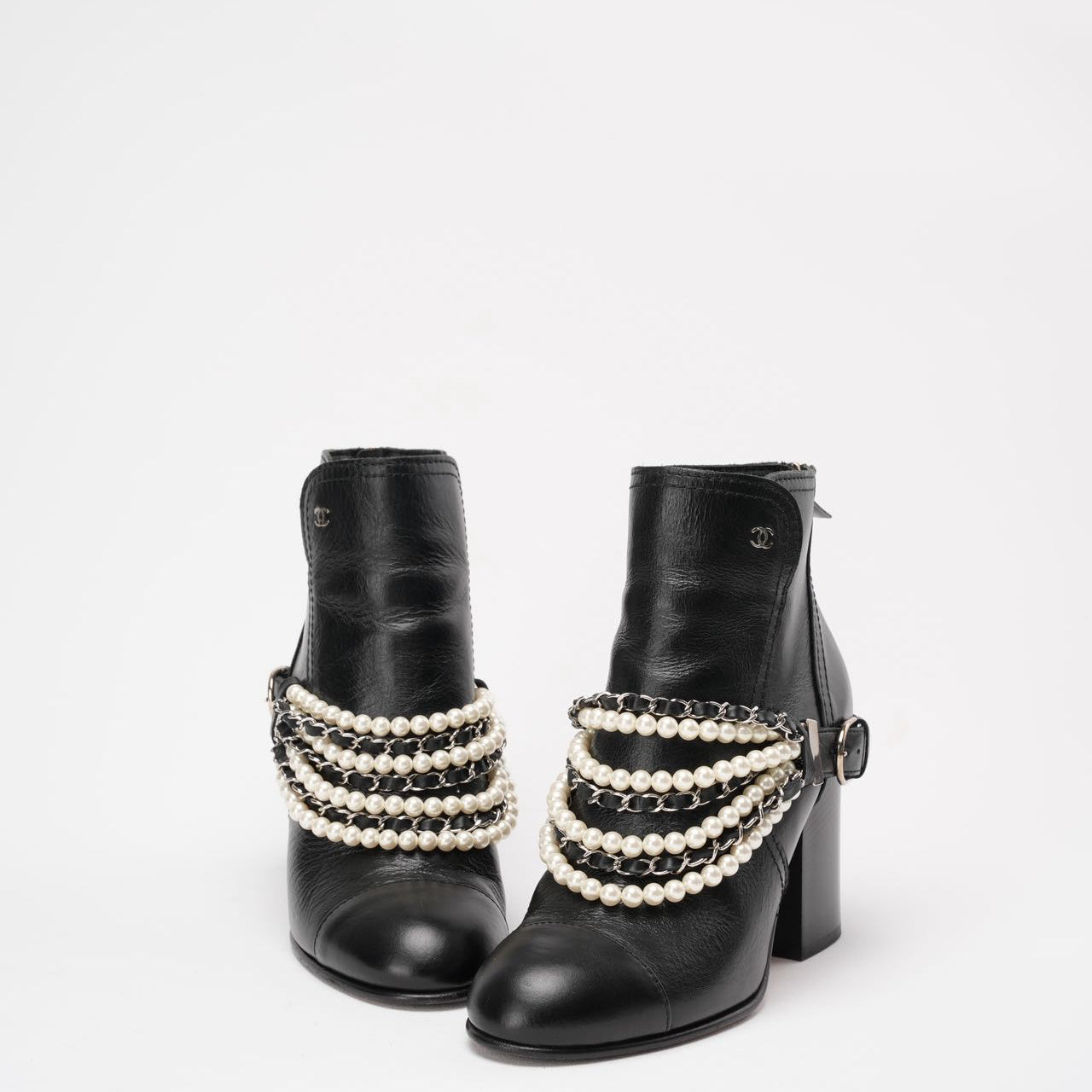 Chanel Black Pearl Chain CC Short Ankle Boots 39.5