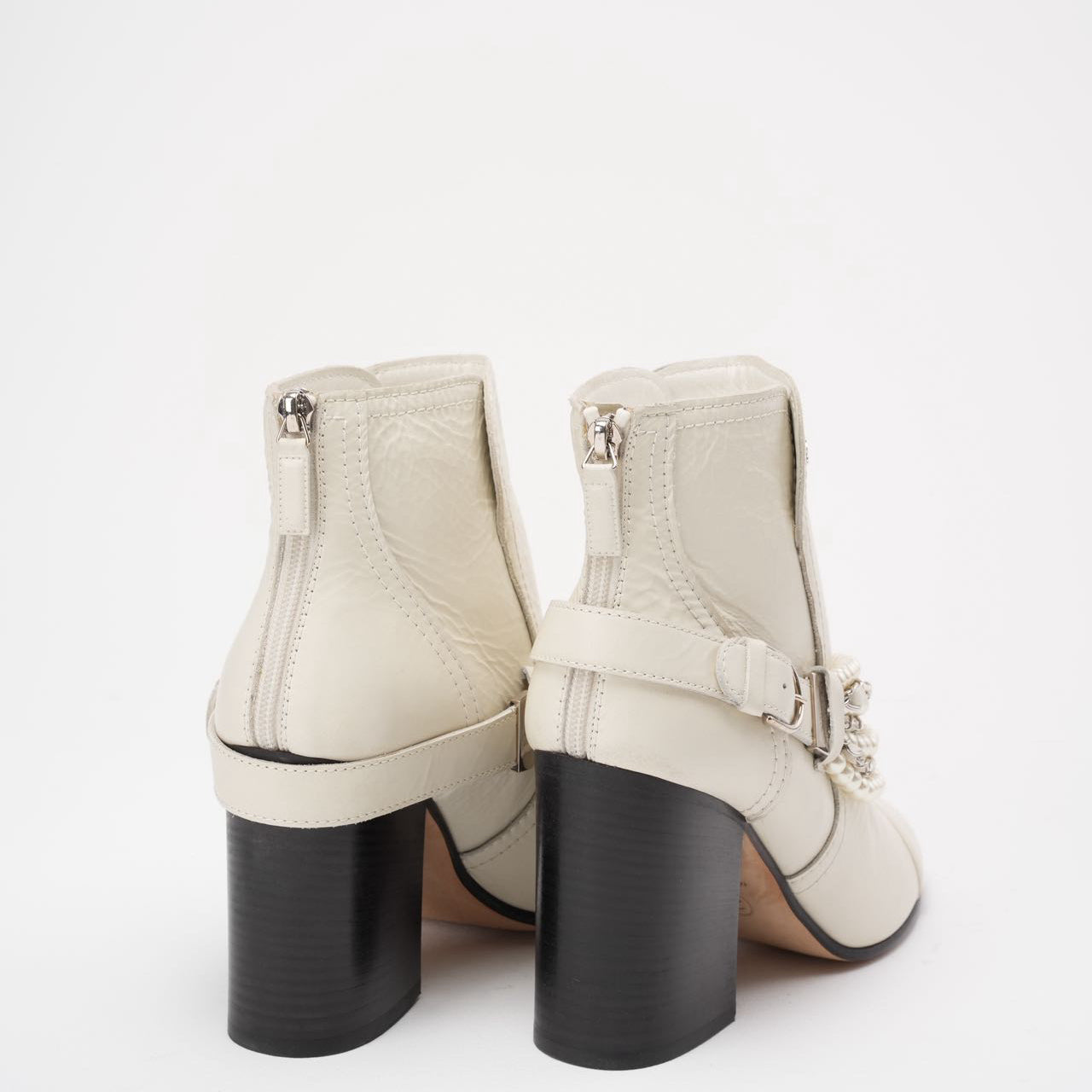 Chanel White Calfskin Pearl Chain CC Short Boots 39.5