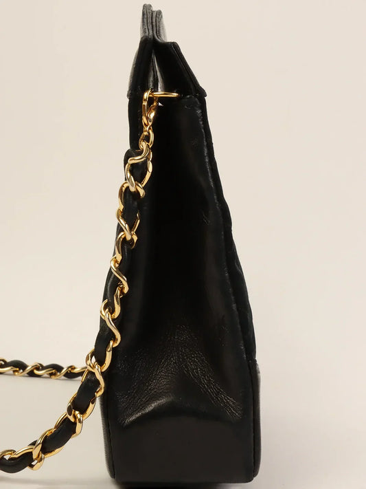 CHANEL Around 1990 Made Leather Satin Combination Turn-Lock 2Way Chain Bag Black