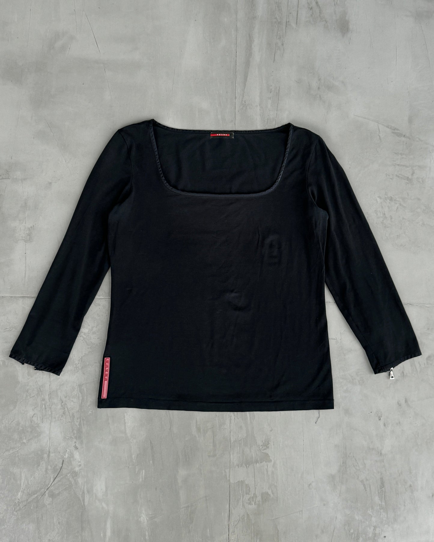 PRADA SPORT BLACK SQUARE NECK LONG-SLEEVE TOP - L
