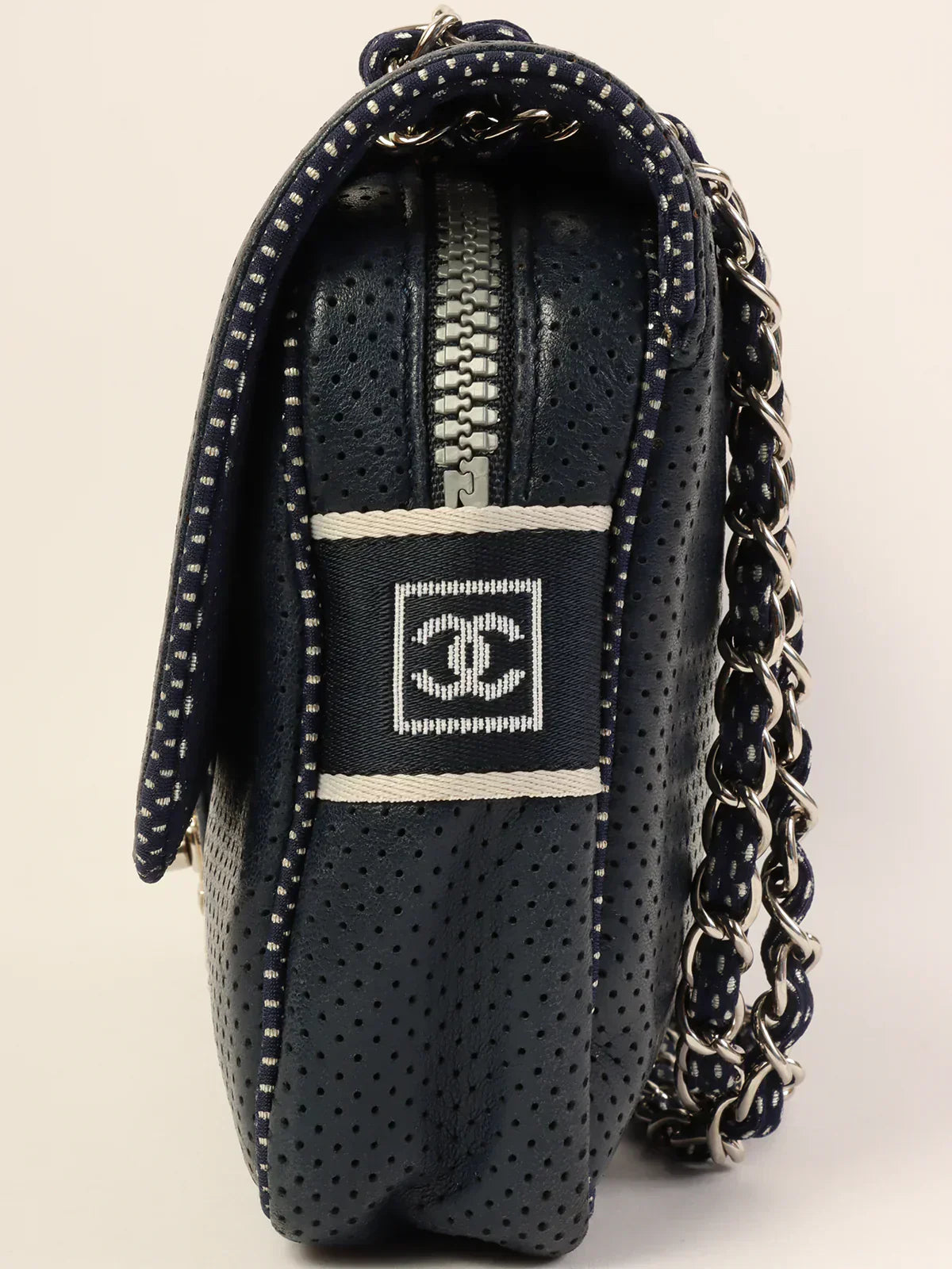 CHANEL Around 2004 Made Sport Line Punching Turn-Lock Chain Bag Navy/White